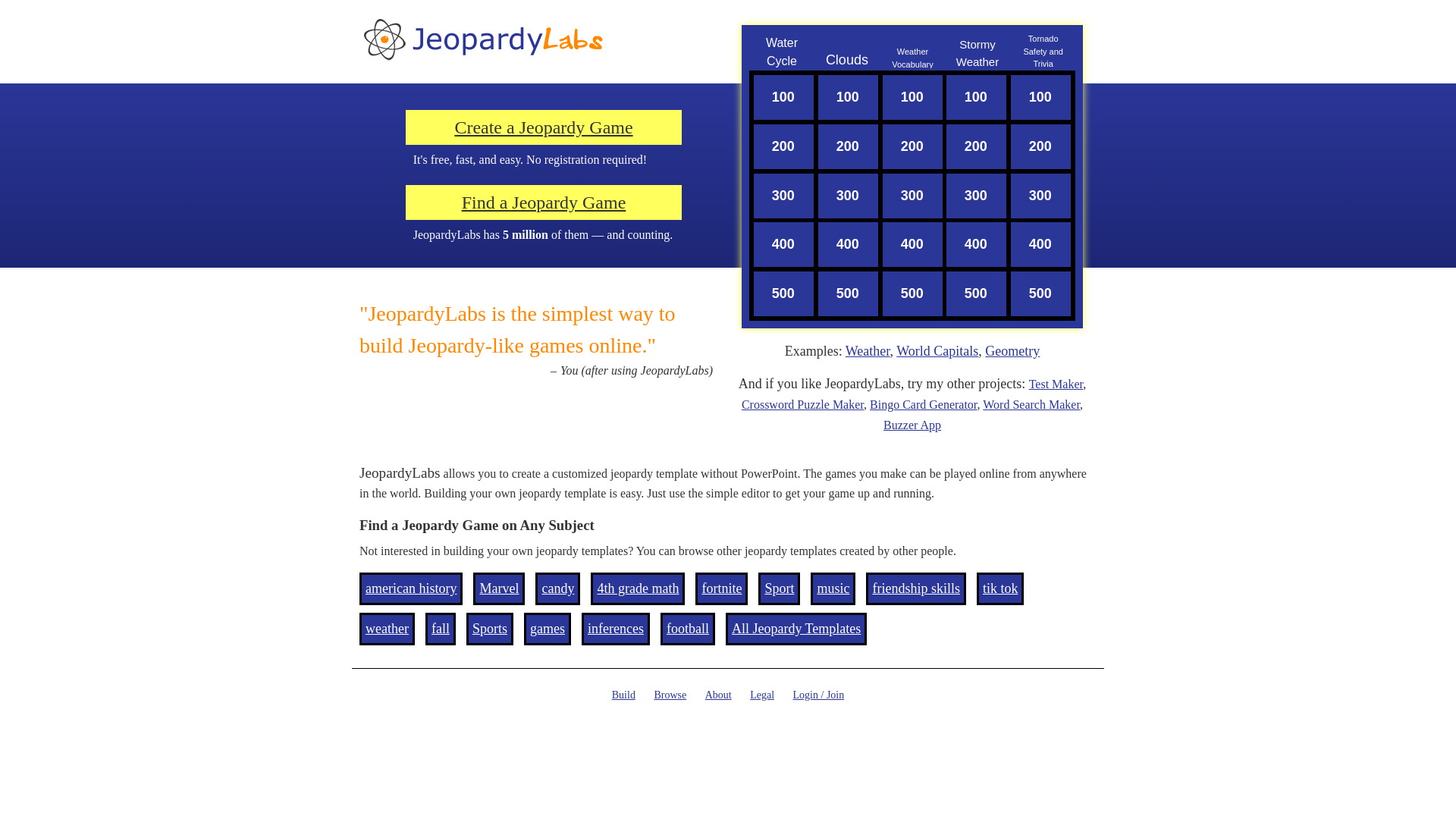 website screenshot of https://jeopardylabs.com/