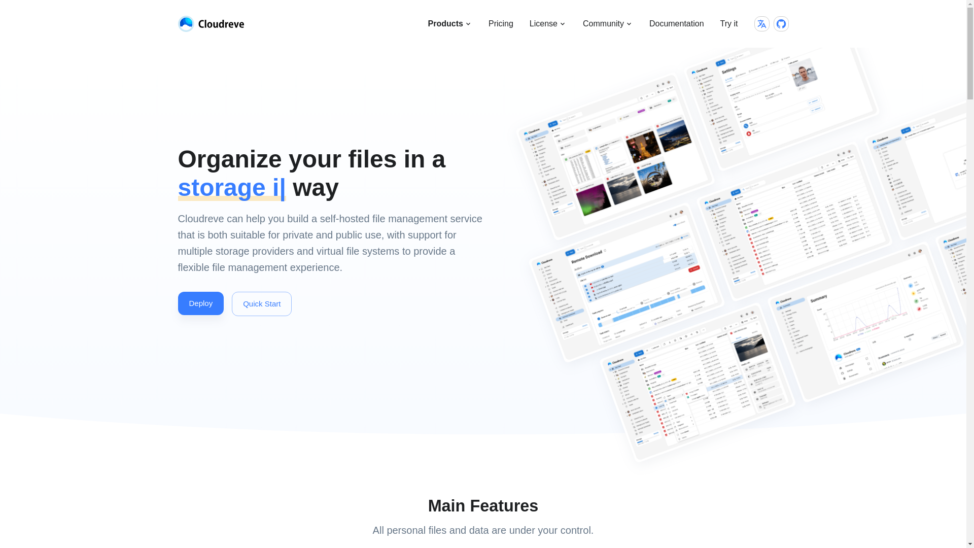 website screenshot of https://cloudreve.org