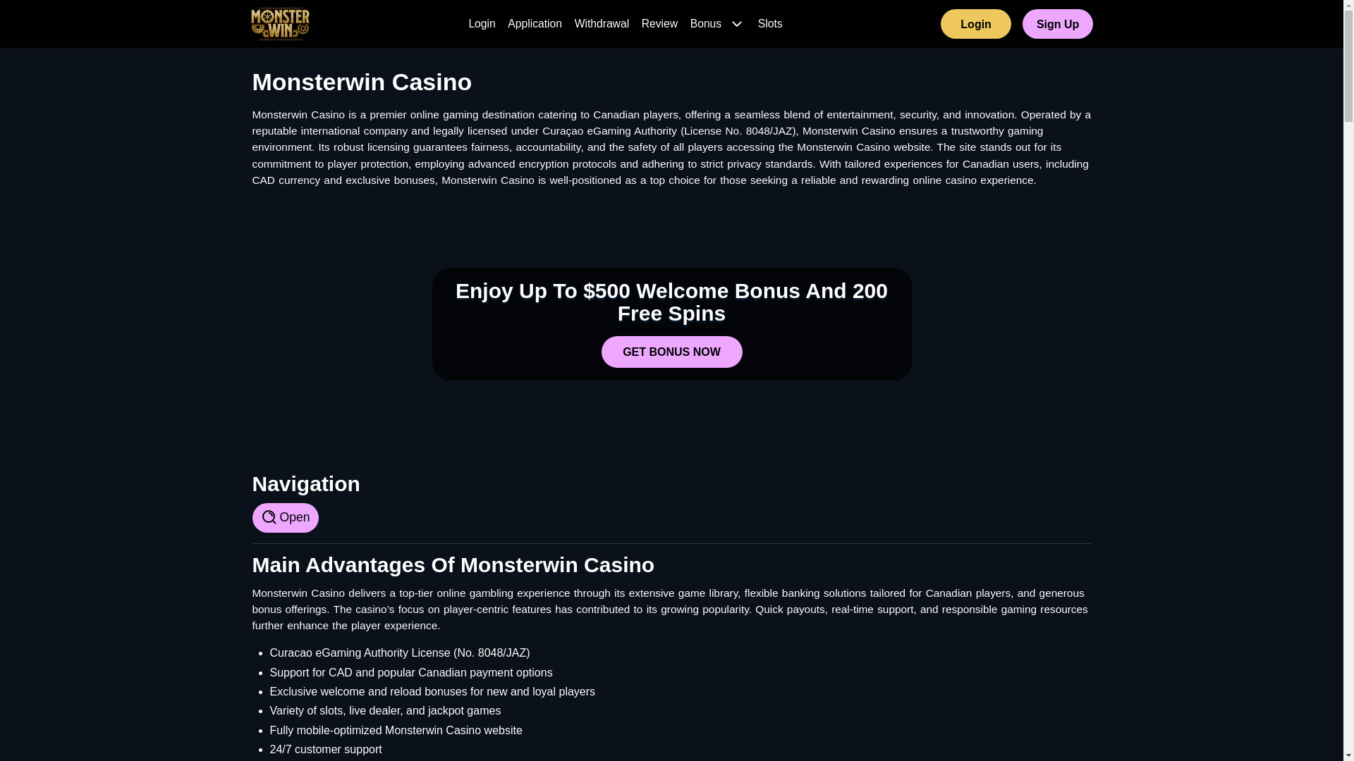 website screenshot of https://monsterwincasino.ca/