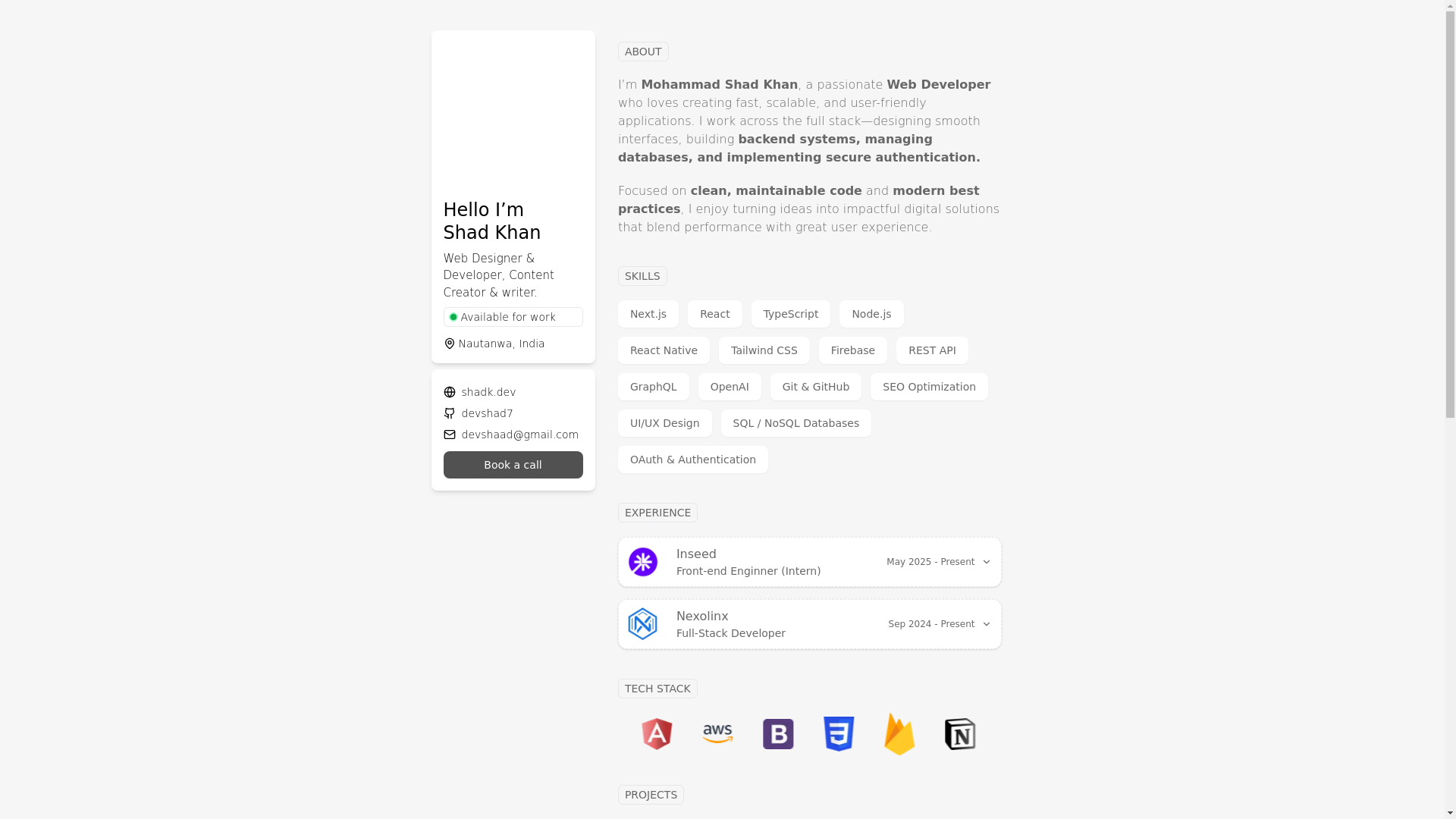 website screenshot of https://shadk.dev/