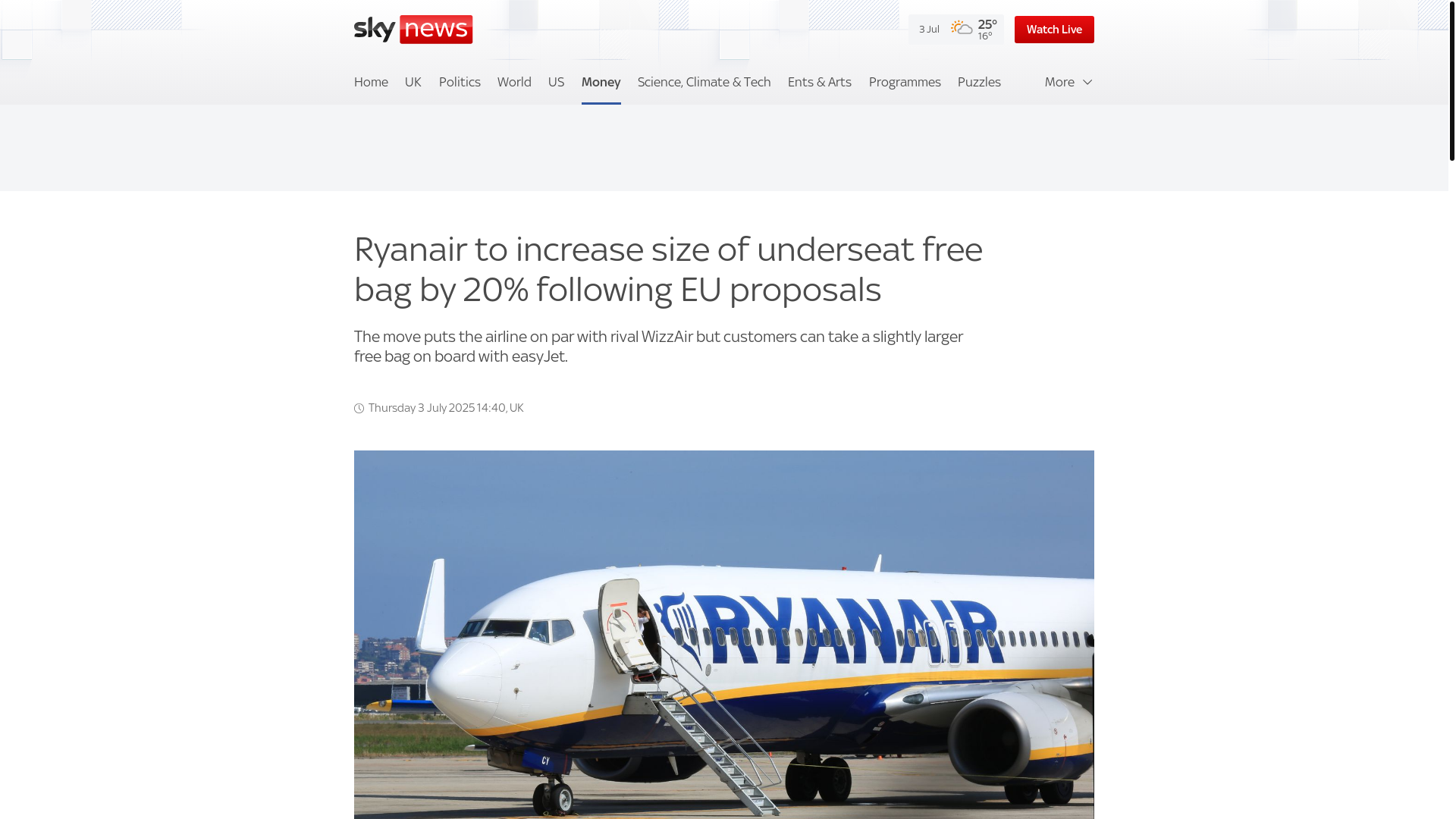 website screenshot of https://news.sky.com/story/ryanair-to-increase-size-of-underseat-free-bag-by-20-following-eu-proposals-13391793