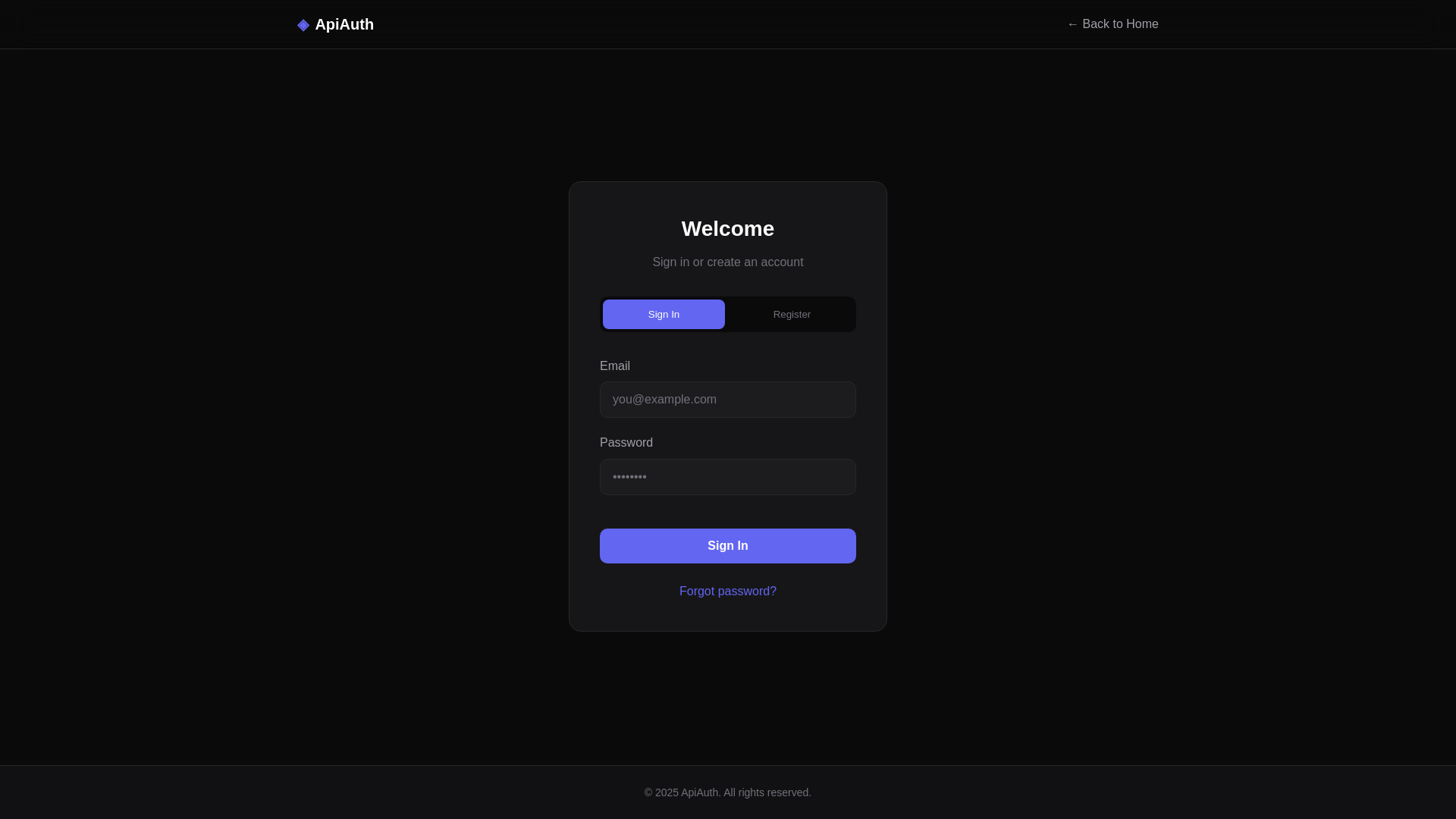 website screenshot of https://apiauth-dashboard.pages.dev/