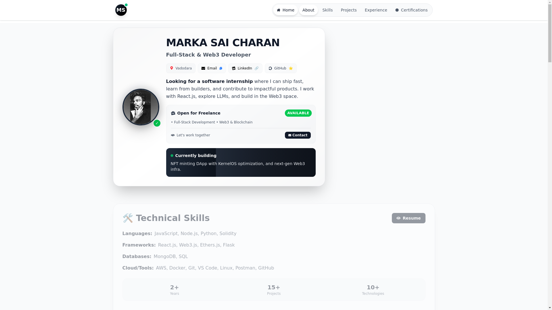 website screenshot of https://markasaicharan.dev/
