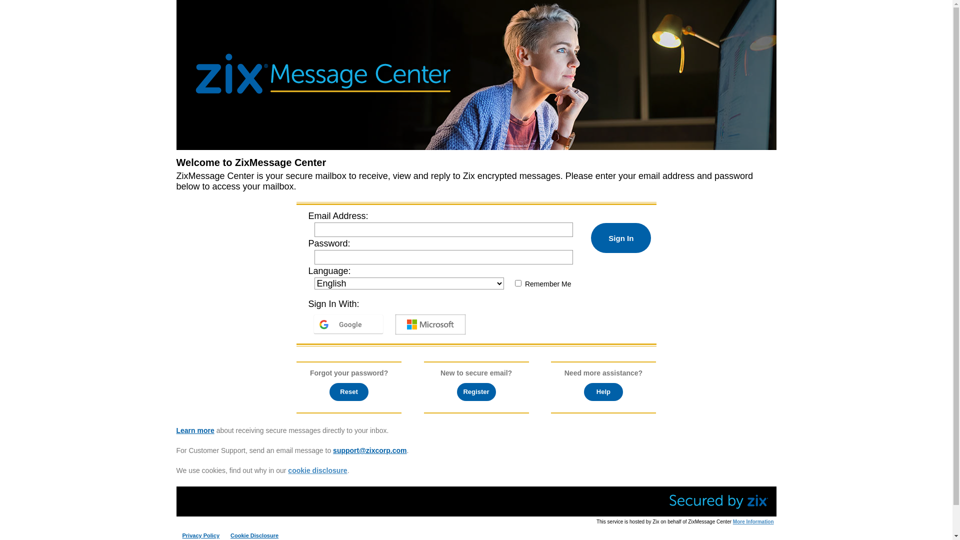 website screenshot of https://zixmessagecenter.com/