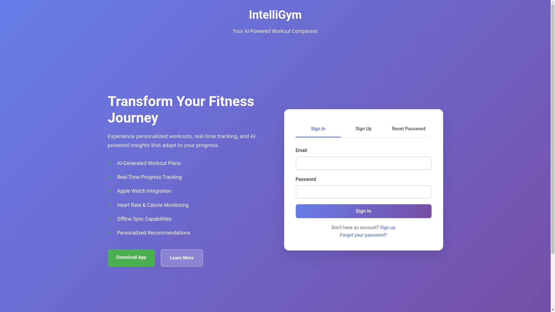 website screenshot of https://intelligym.app/