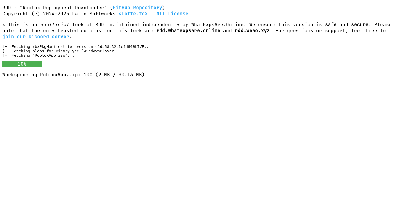 website screenshot of https://rdd.weao.xyz/?channel=LIVE&binaryType=WindowsPlayer&version=version-e1da58b32b1c4d64