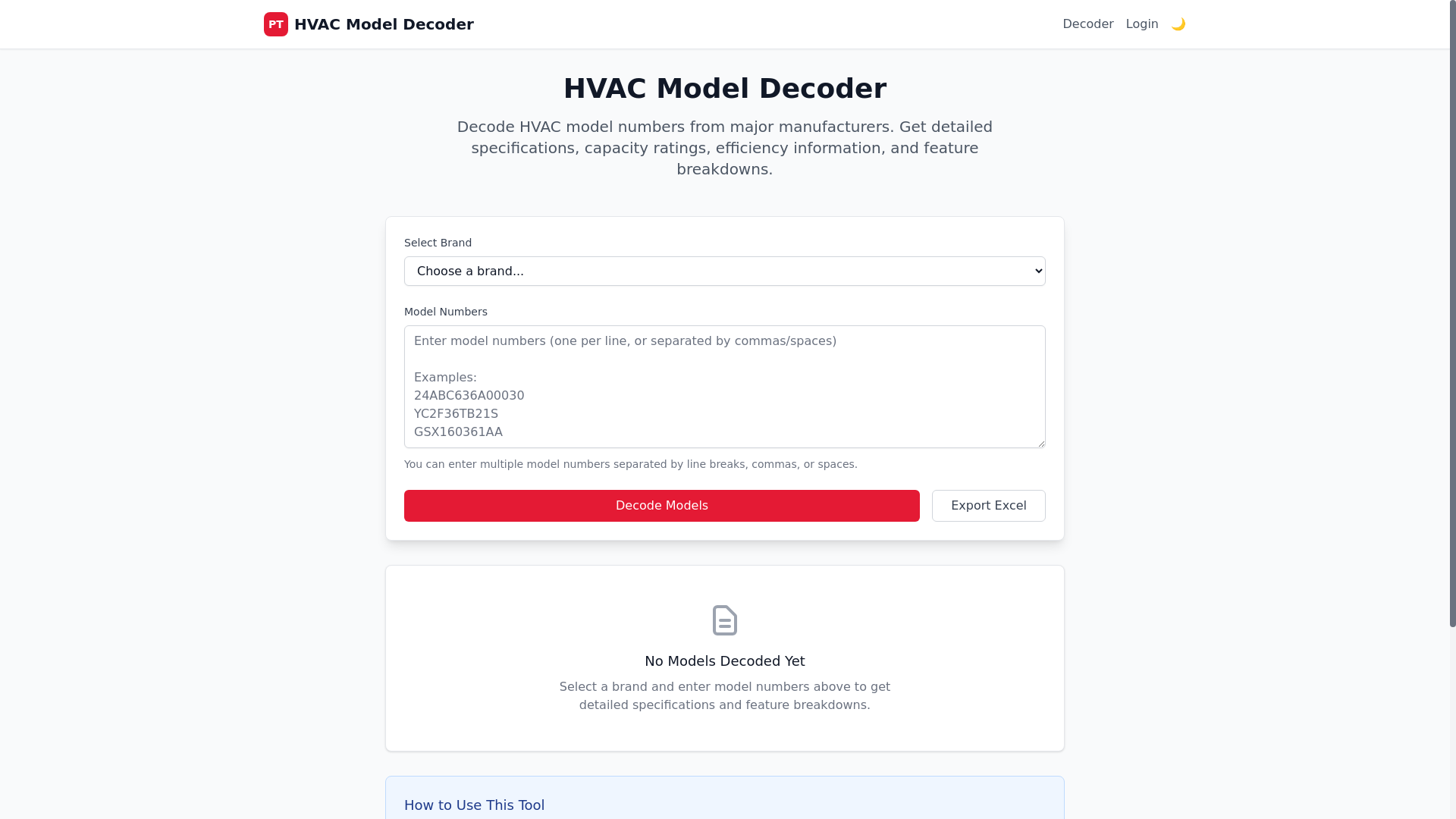 website screenshot of https://hvacmodeldecoder.com/