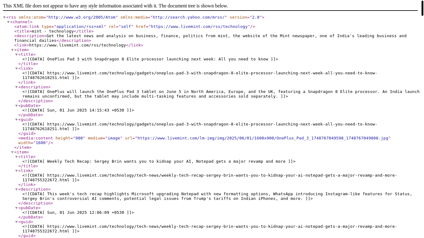 website screenshot of https://www.livemint.com/rss/technology