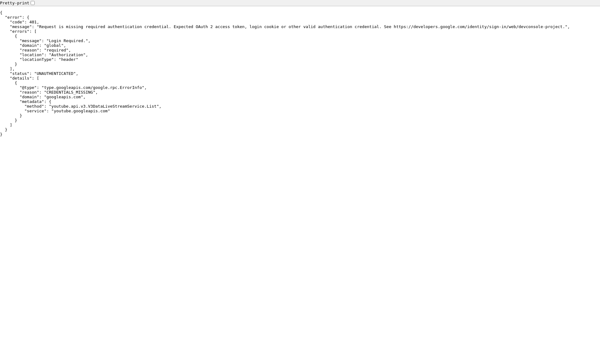 website screenshot of https://youtube.googleapis.com/youtube/v3/liveStreams