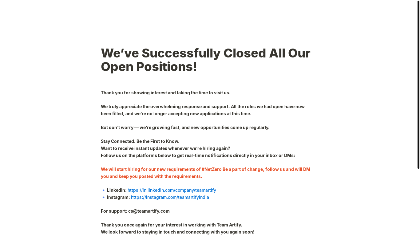 website screenshot of https://career.teamartify.com/applynow