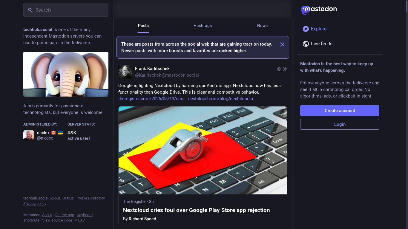 website screenshot of https://techhub.social/