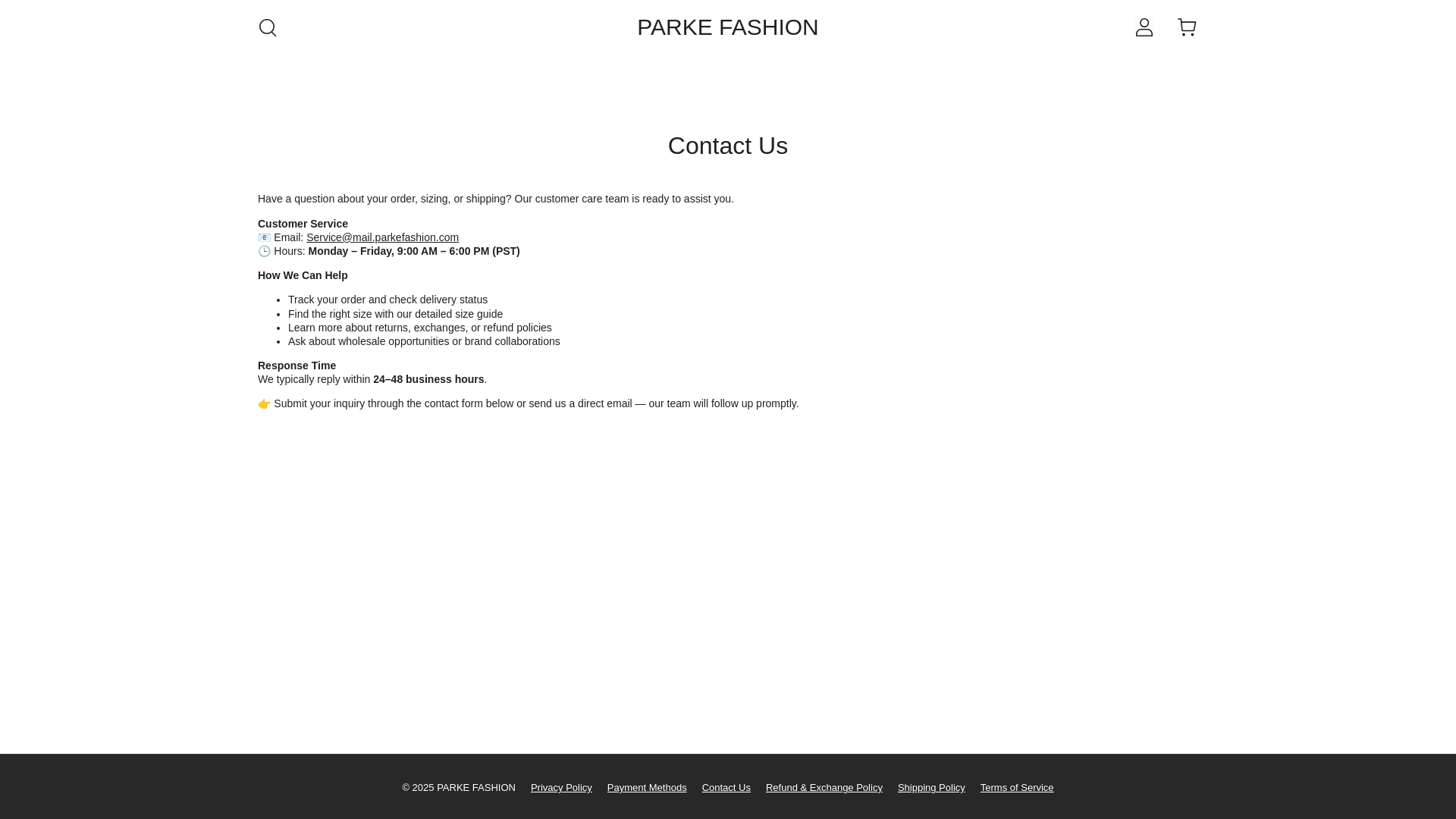 website screenshot of https://www.parkefashion.com/pages/contact-us