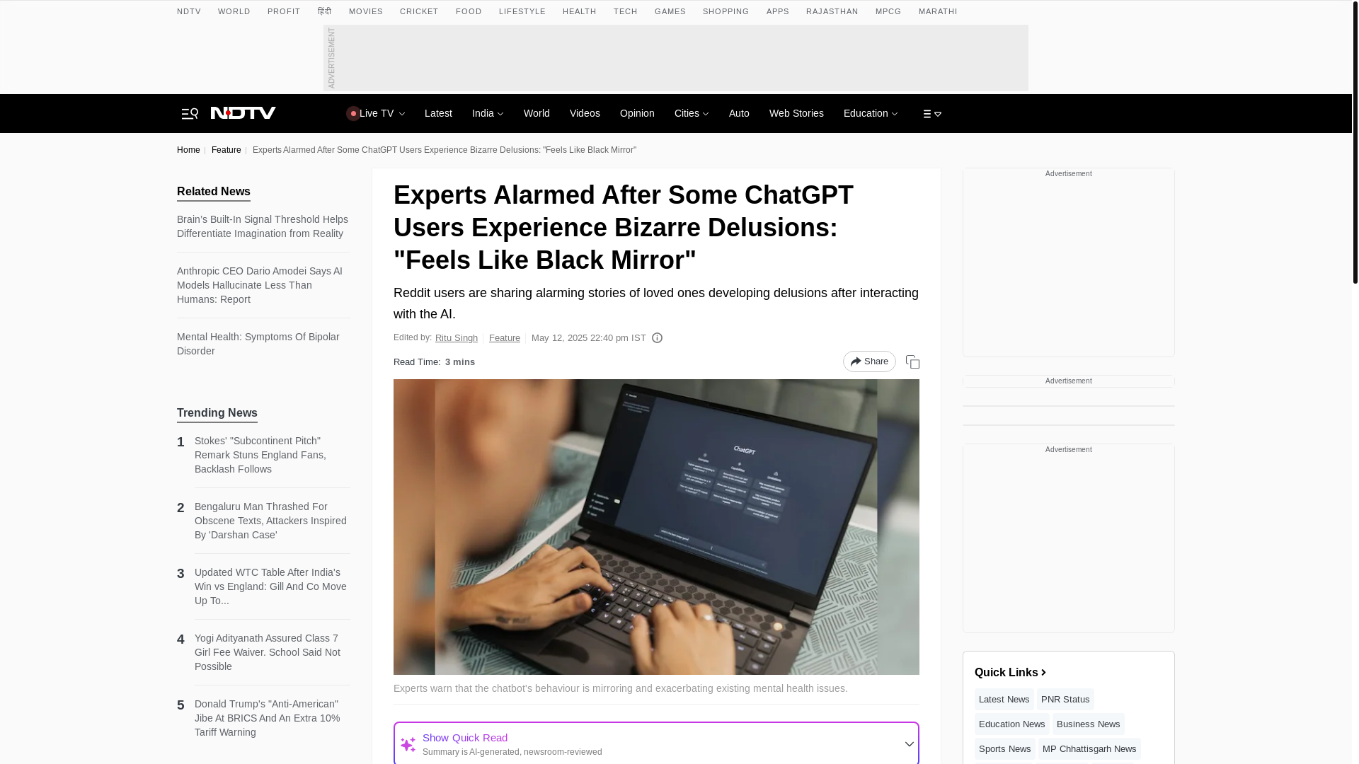 website screenshot of https://www.ndtv.com/feature/experts-alarmed-after-some-chatgpt-users-experience-bizarre-delusions-feels-like-black-mirror-8397443