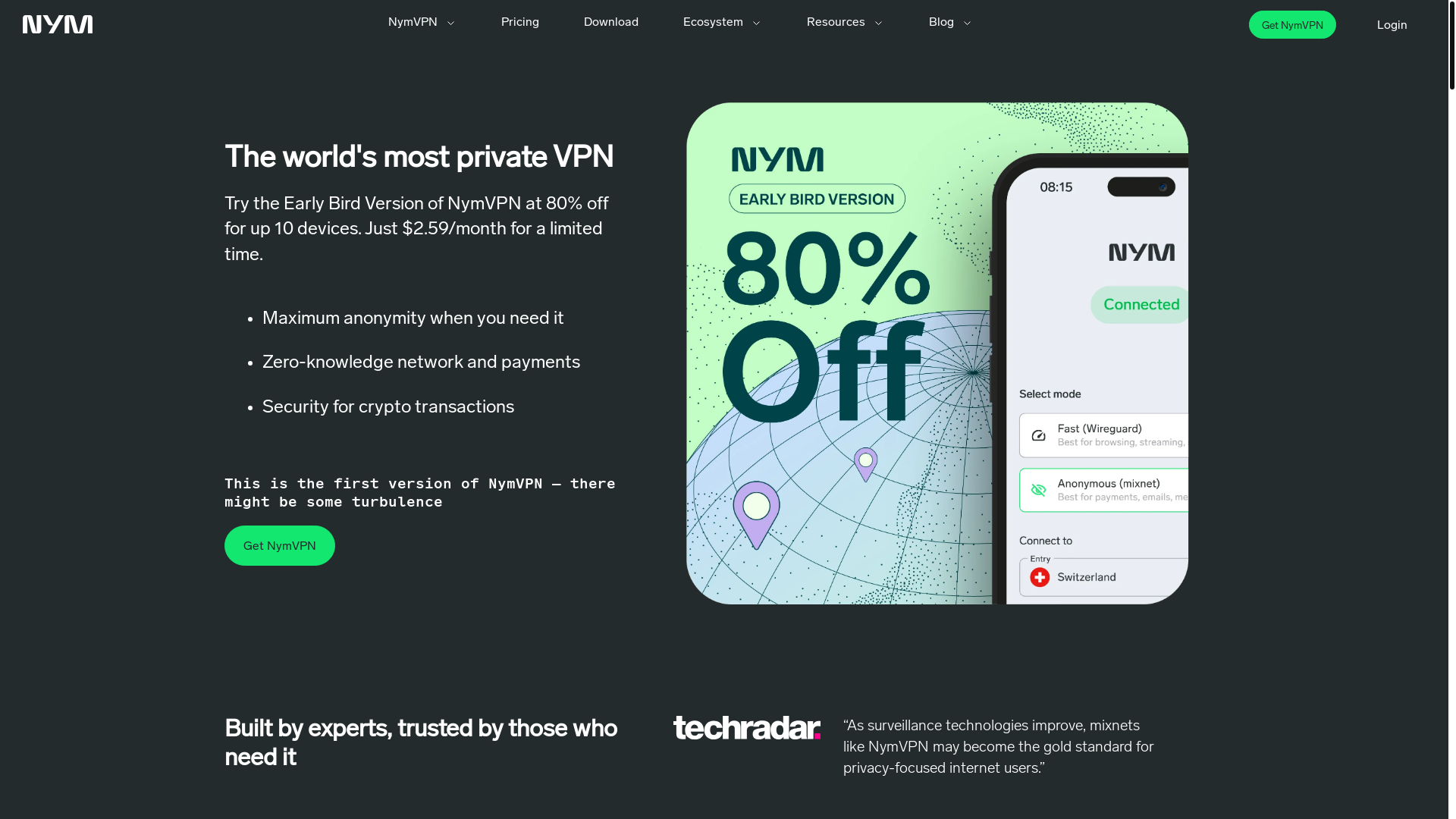 website screenshot of https://nym.com/