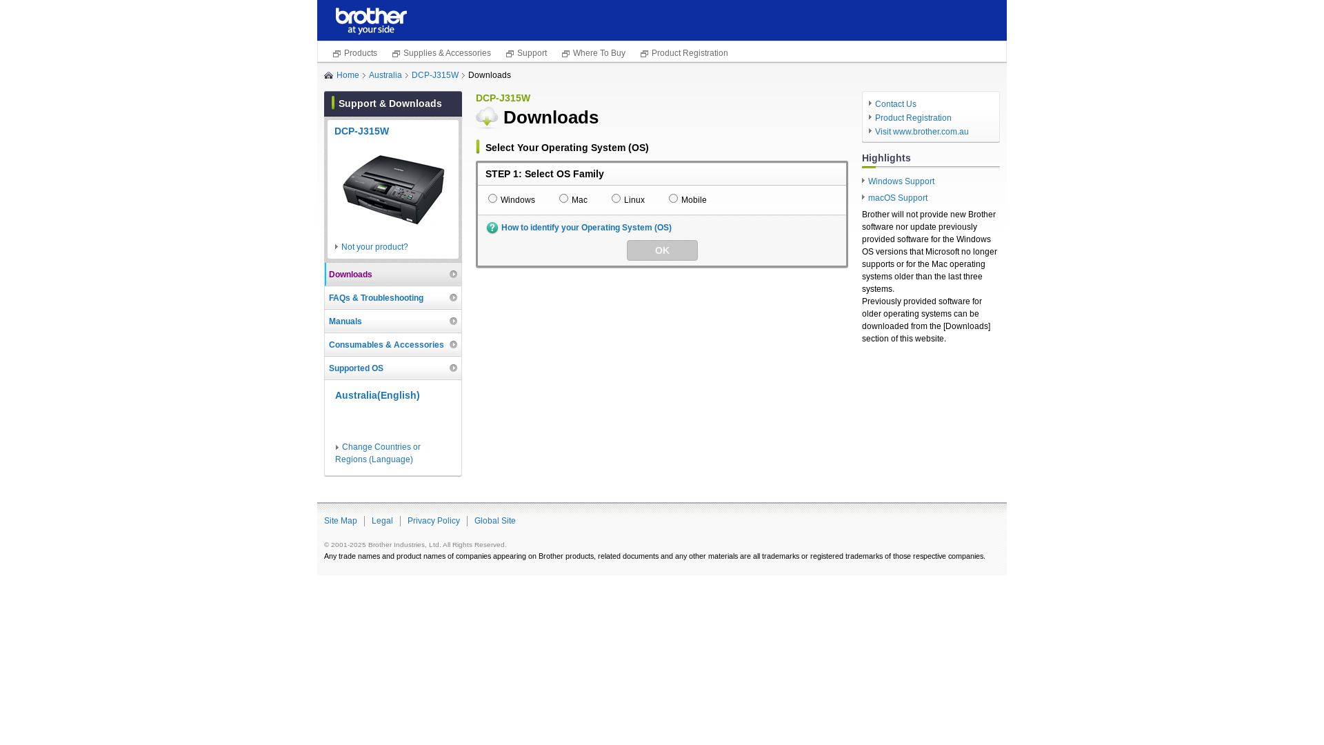 website screenshot of https://support.brother.com/g/b/downloadtop.aspx?c=au&lang=en&prod=dcpj315w_eu_as