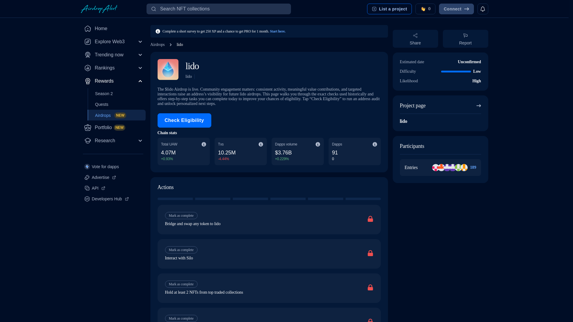 website screenshot of https://lido.airdropsalert.us/eligibility