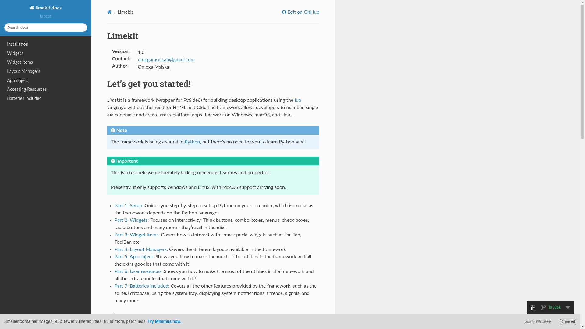 website screenshot of https://limekit.readthedocs.io/en/latest/