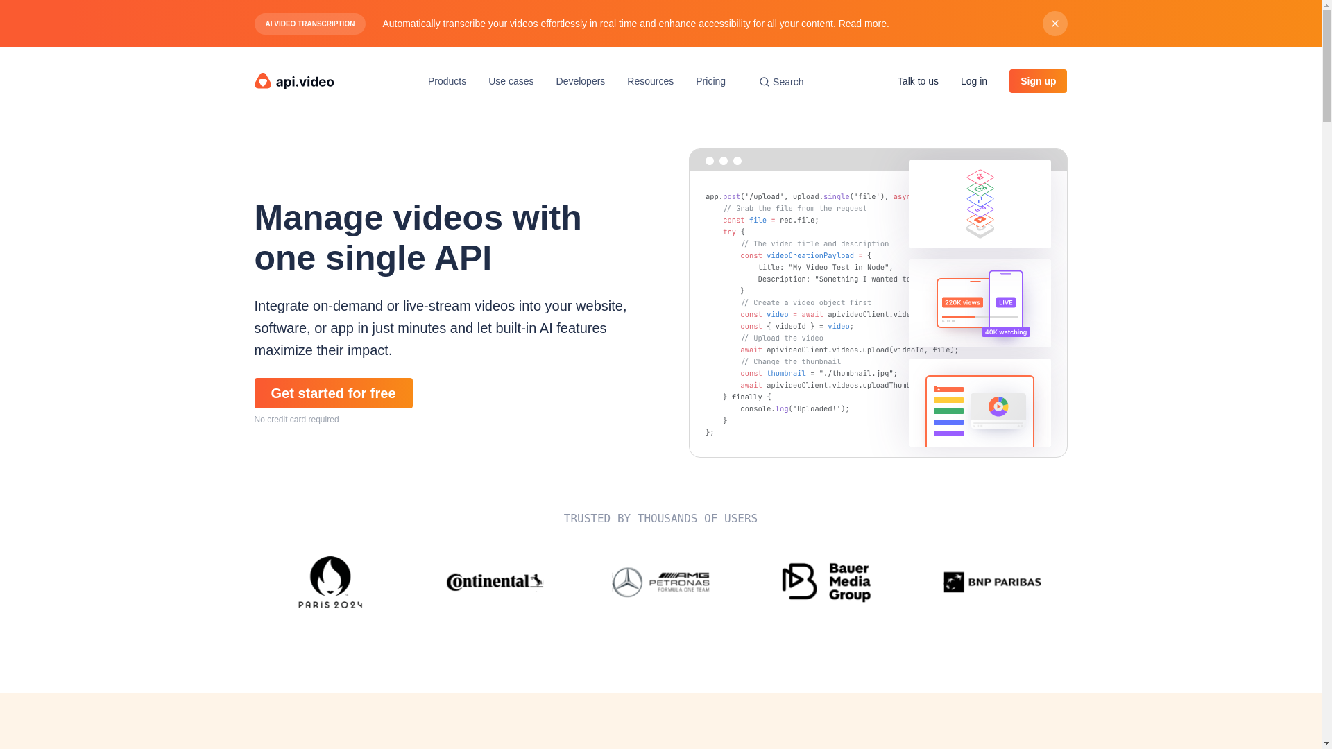 website screenshot of https://api.video/