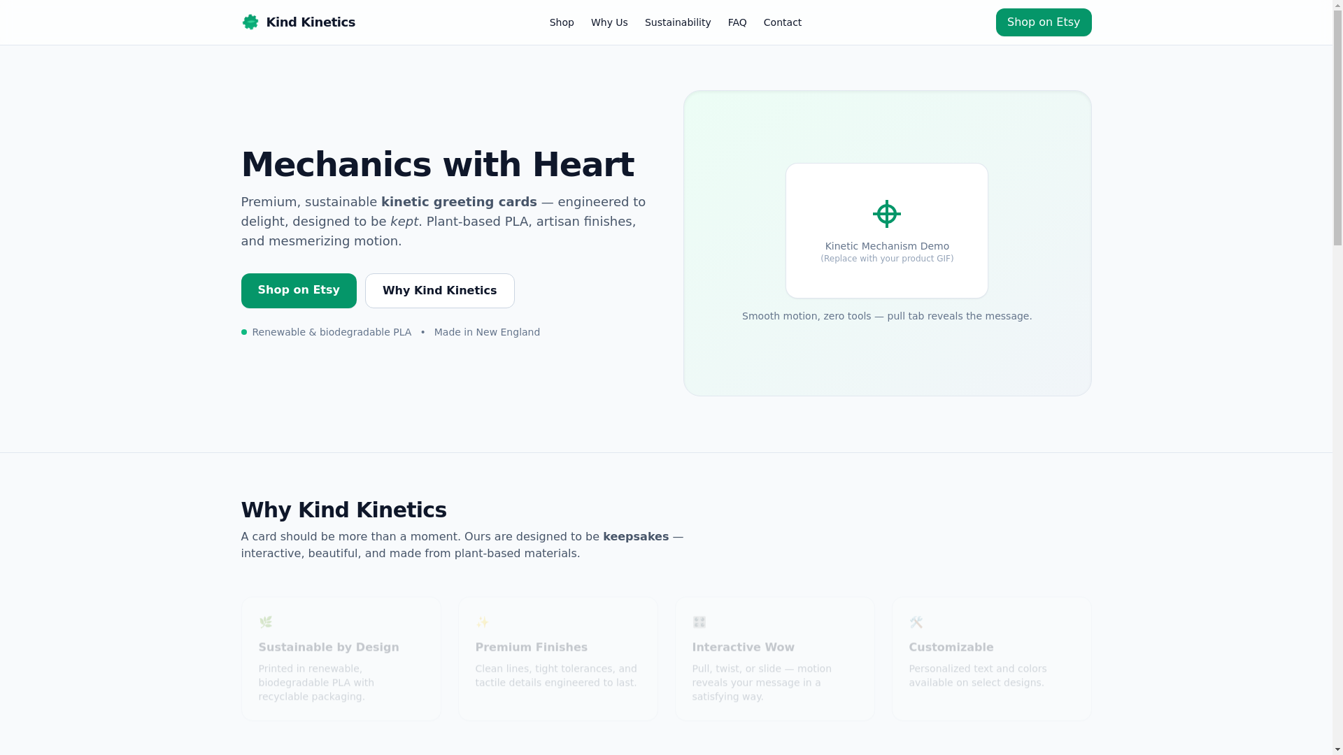 website screenshot of https://kindkinetics.cards/