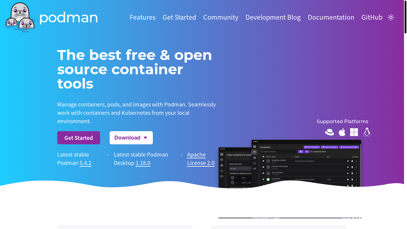 website screenshot of https://podman.io