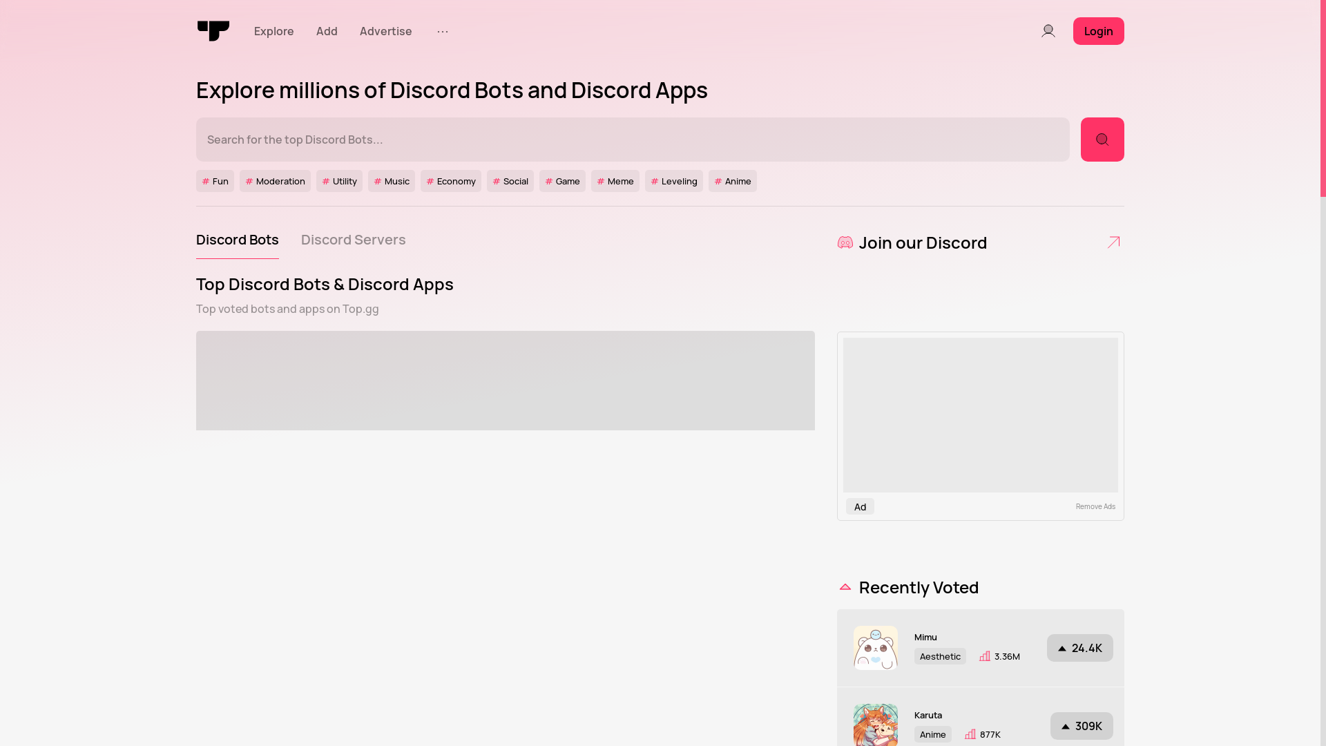 website screenshot of https://top.gg/
