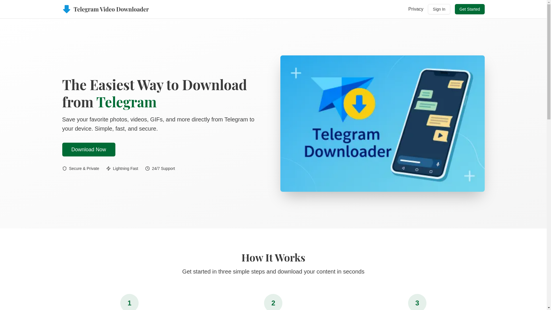 website screenshot of https://v0-telegram-downloader-landing-page.pages.dev/