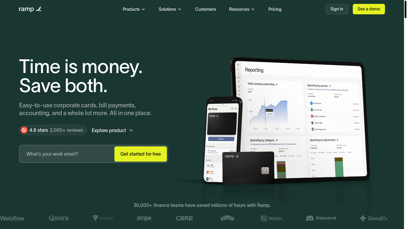 website screenshot of https://www.ramp.com/?k_is=opl&q_mailing_7TUwnLRio5bqoBbU1vuPzGZXCYyTNekKfvuJH=Roo2fydCUaq9Tzr9AnzuoMuPgRuht7e8URXVHLmXrfKx9kG3CRpgVJRgv&utm_id=bWF4Lmhhcm1zQGNlc2NvLmNvbQ%3D%3D