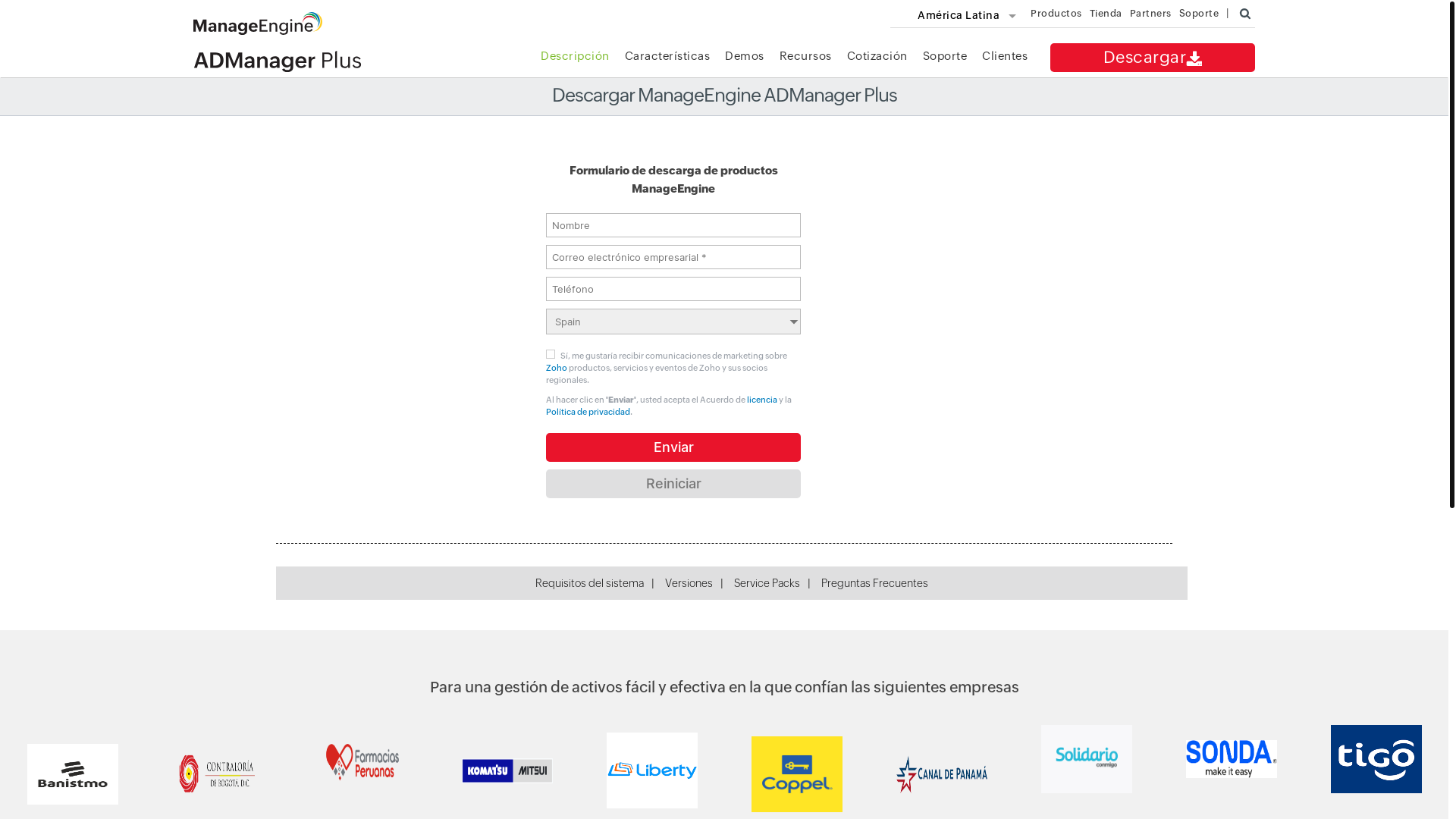 website screenshot of https://www.manageengine.com/latam/ad-manager/descargas.html