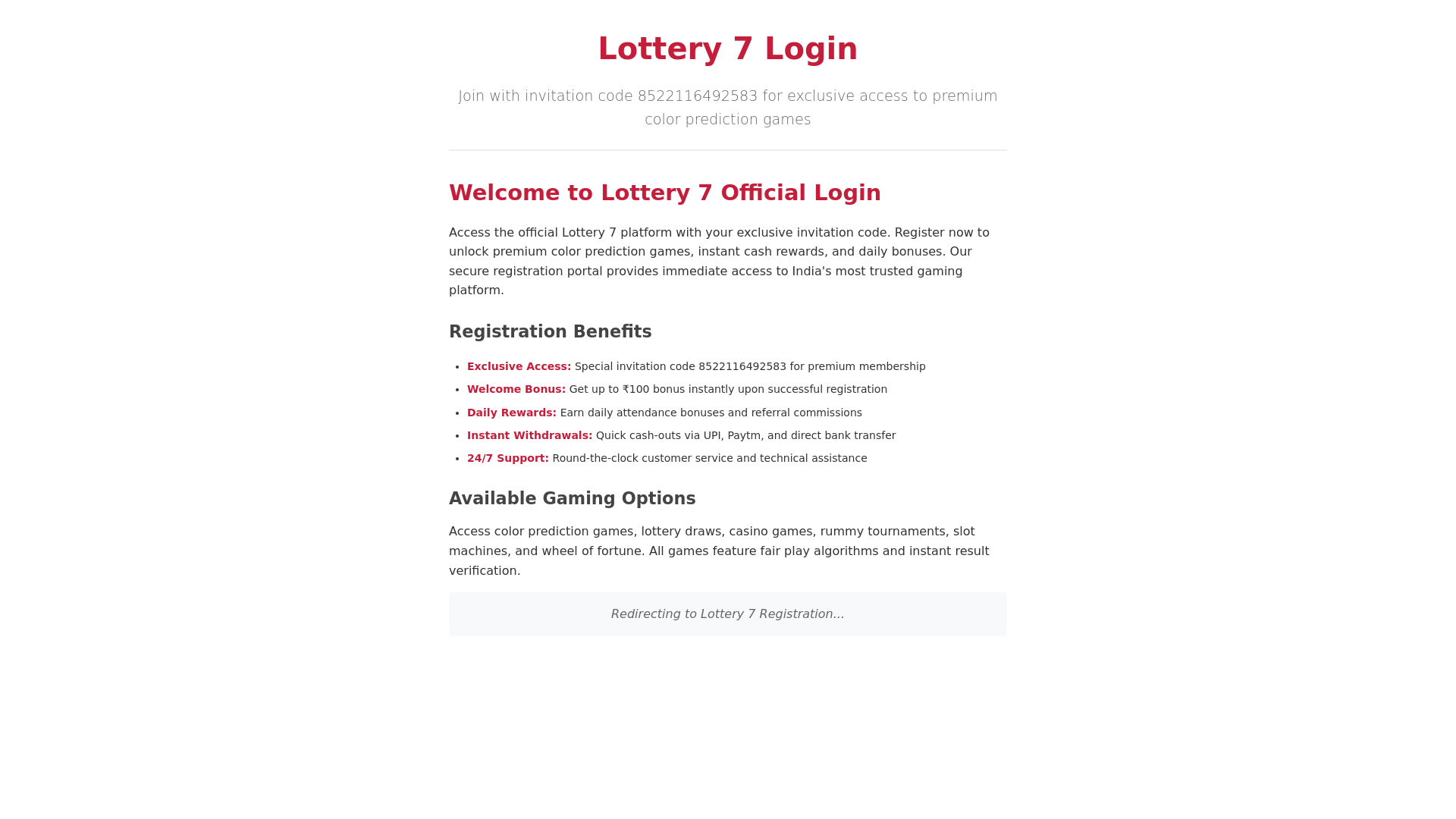 website screenshot of https://lotteryy7.biz/