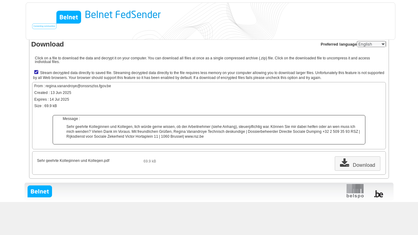 website screenshot of https://fedsender.belnet.be/?s=download&token=652adeac-05fc-49de-a934-1d3bf6e522fe