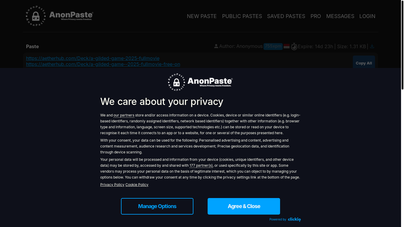 website screenshot of https://anonpaste.com/share/a16c55dab5