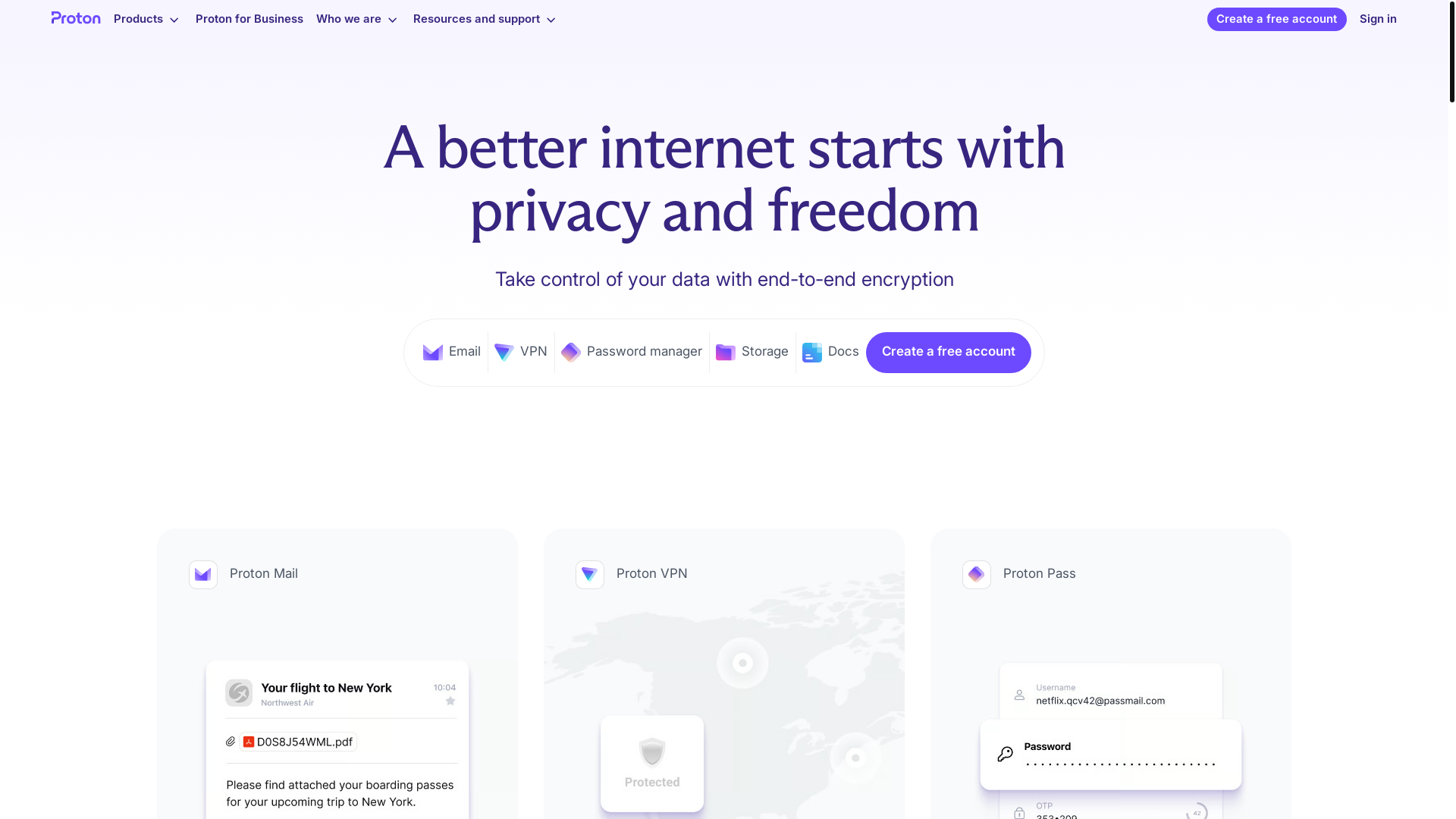 website screenshot of https://proton.me/