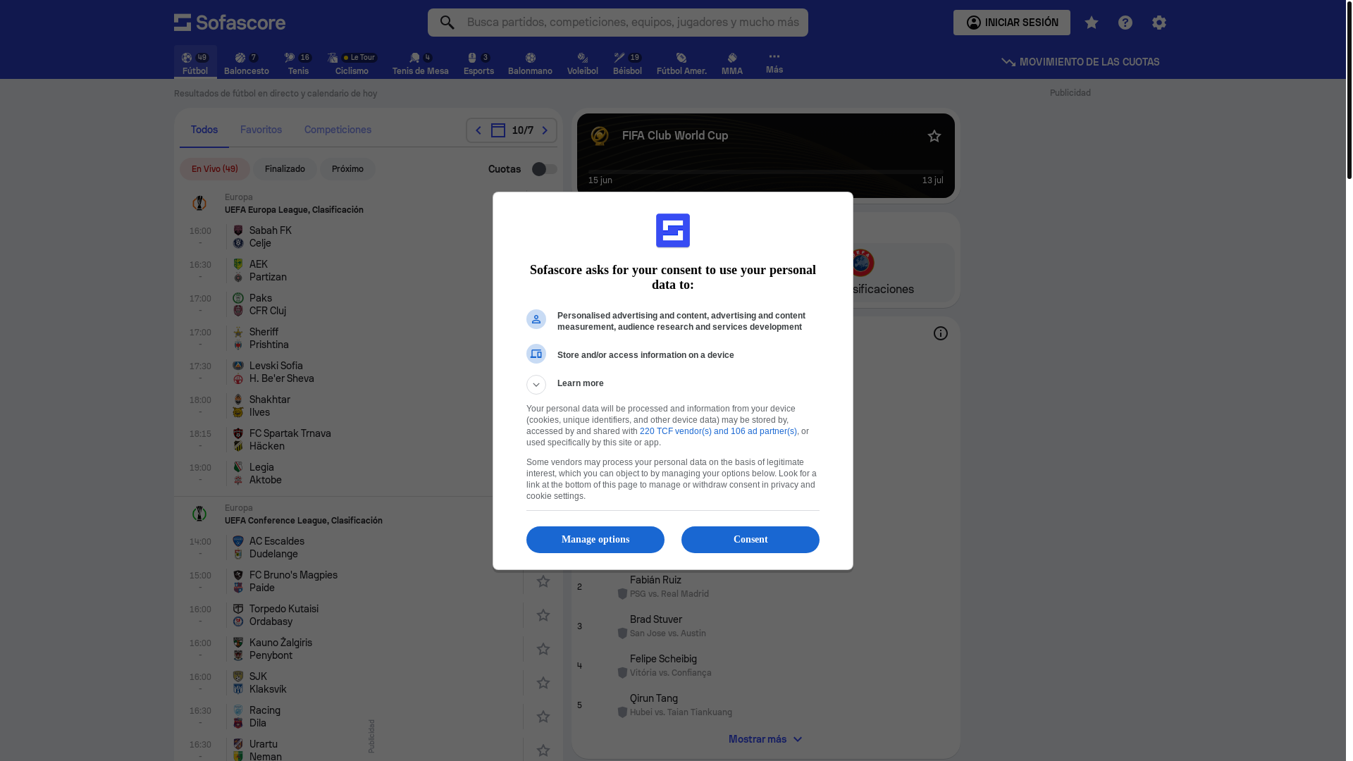 website screenshot of https://www.sofascore.com/es/