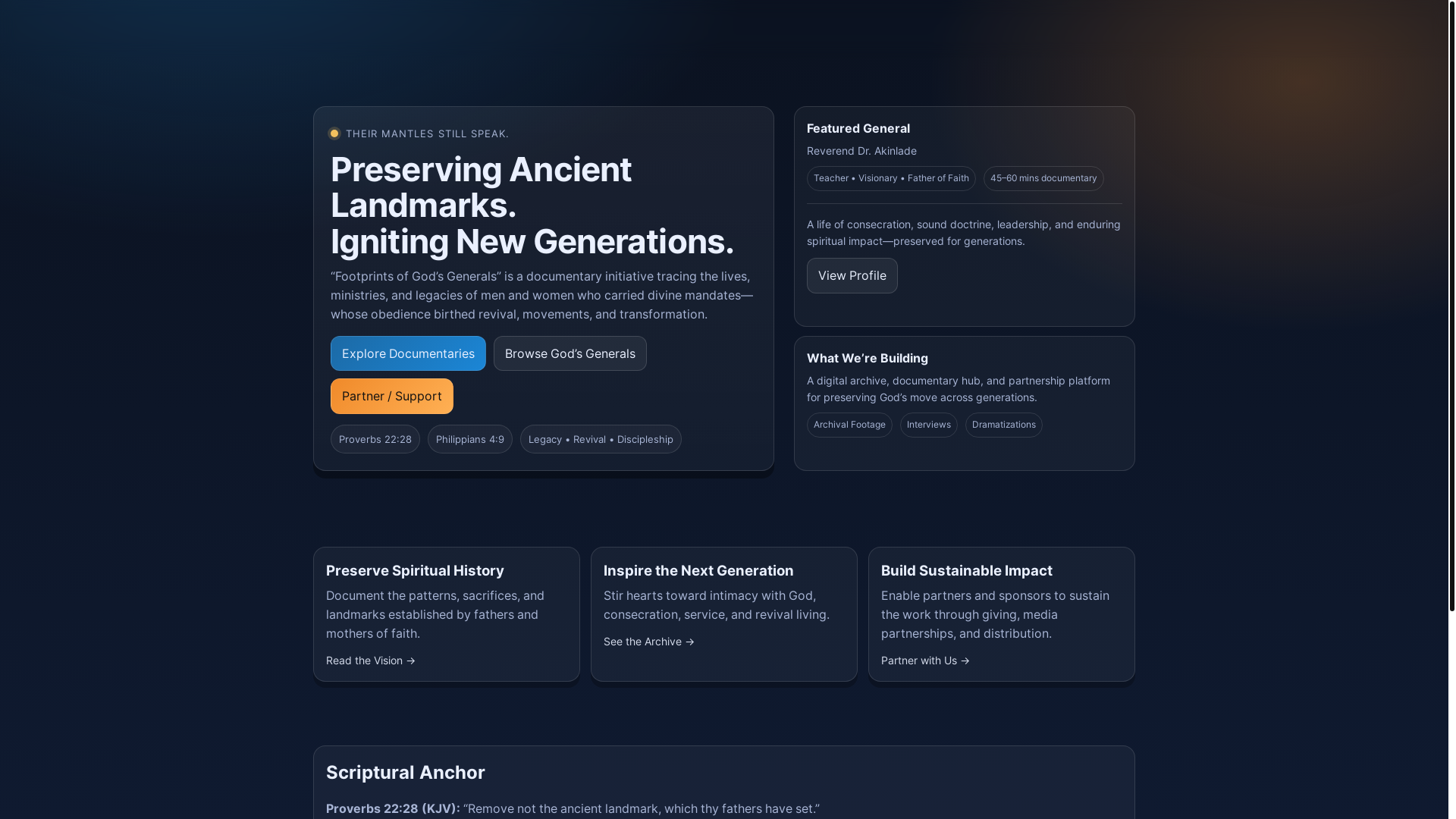 website screenshot of https://footprintsofgodsgenerals.com/