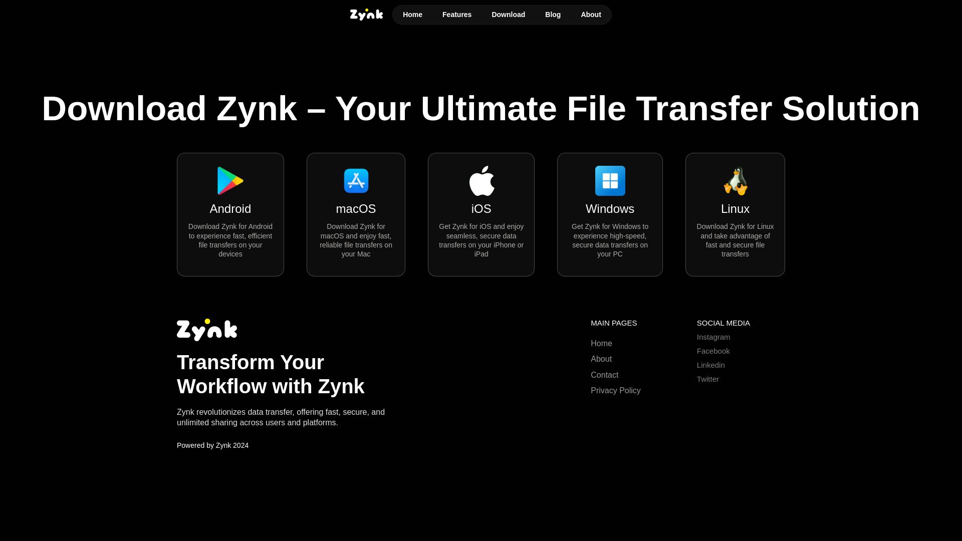 website screenshot of https://zynk.it/download