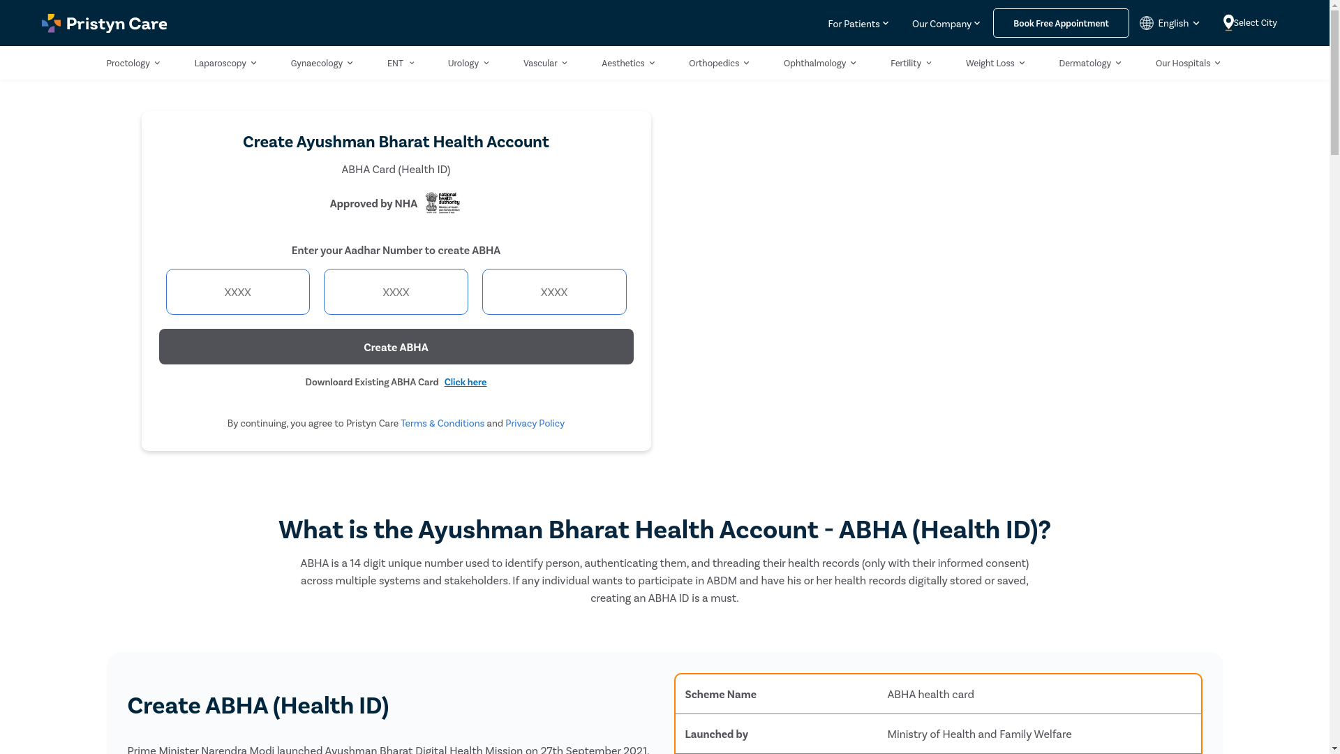 website screenshot of https://www.pristyncare.com/create-abha-health-id/