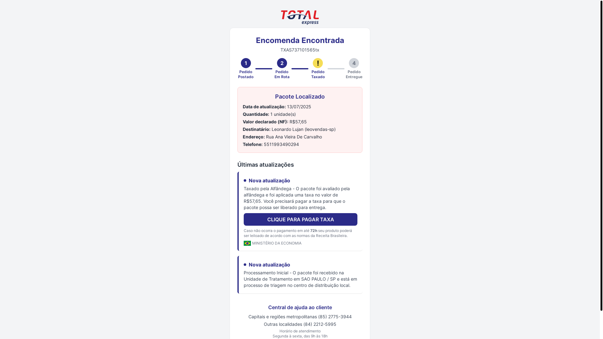 website screenshot of https://totalrastreios.com/arastreio?cd=TXAS737101565tx