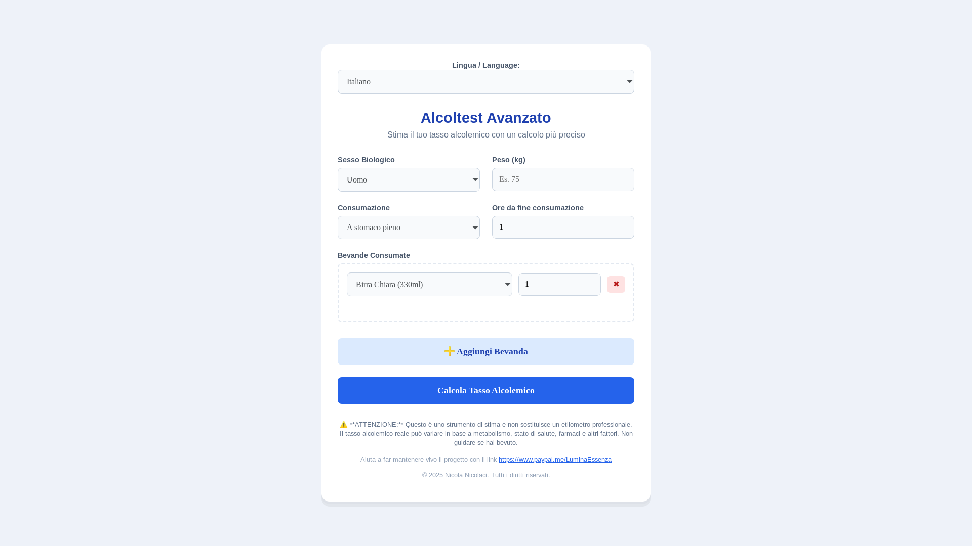 website screenshot of https://alcoltestavanzato.com/