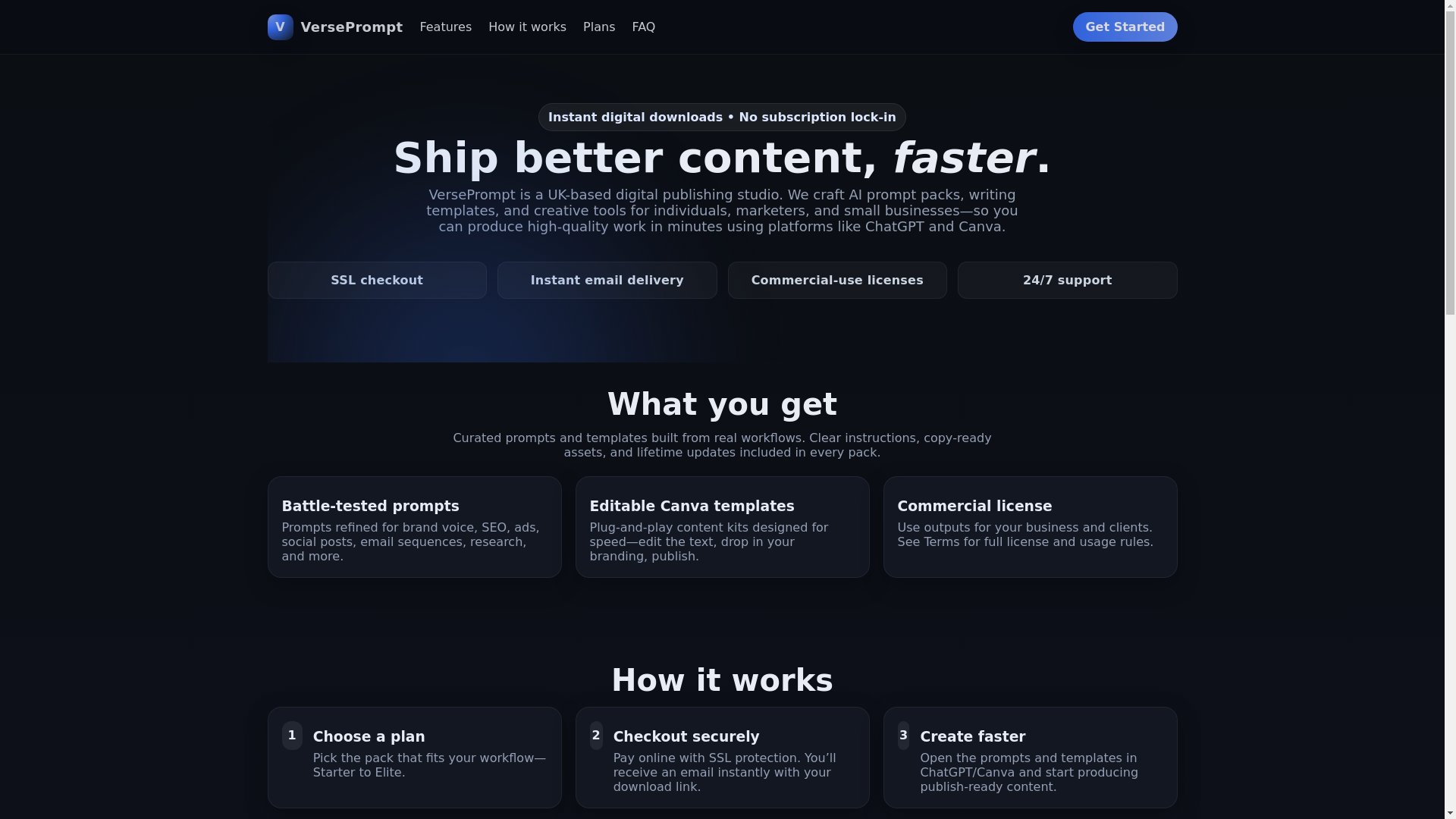 website screenshot of https://verseprompt.store/