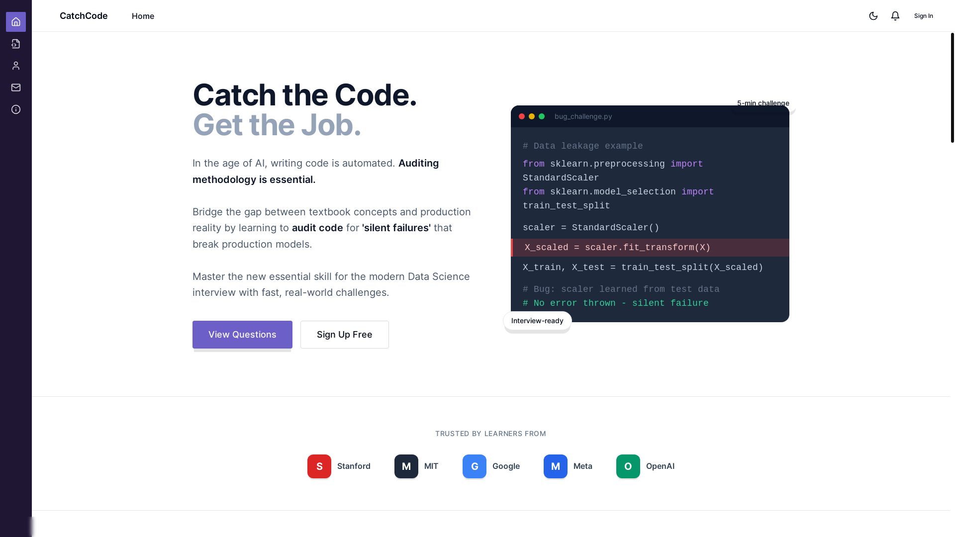 website screenshot of https://catchcode.ai/