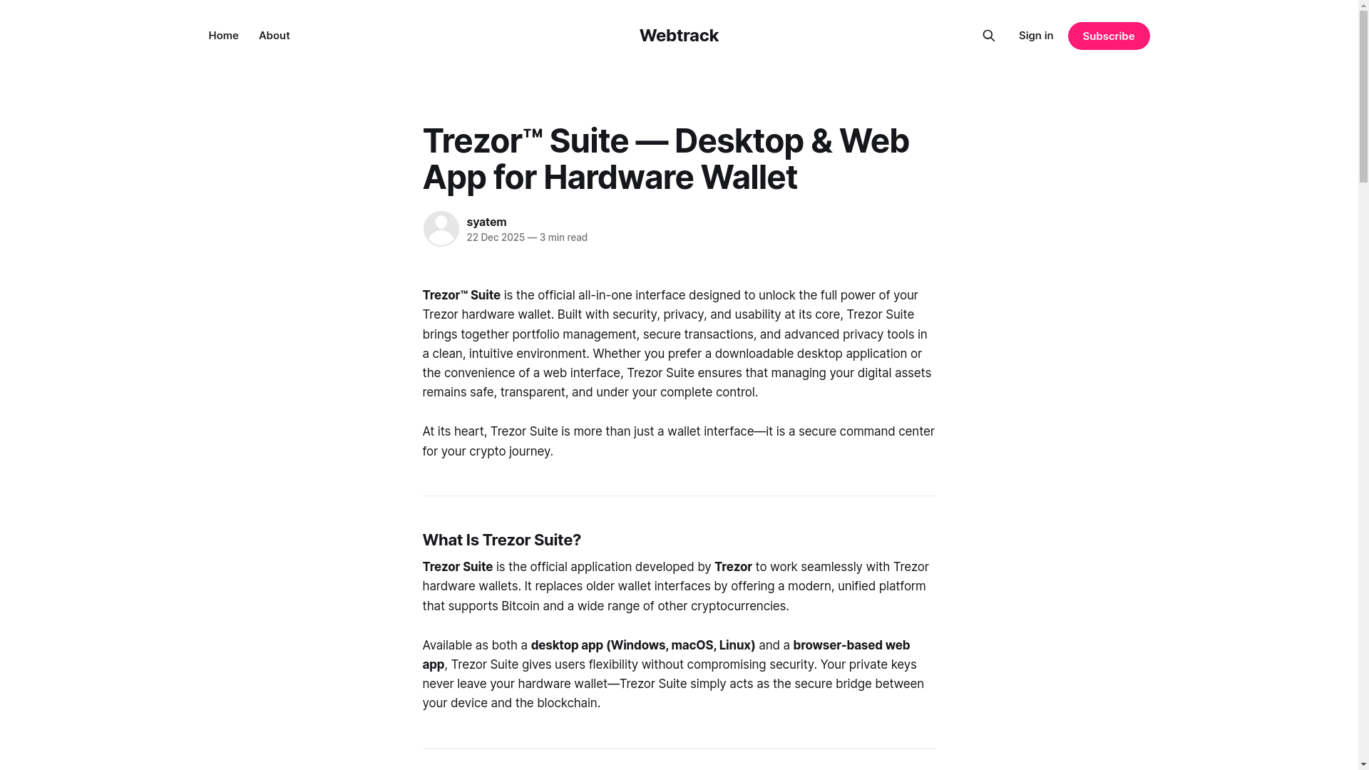 website screenshot of https://webtrack.ghost.io/trezor-suite/