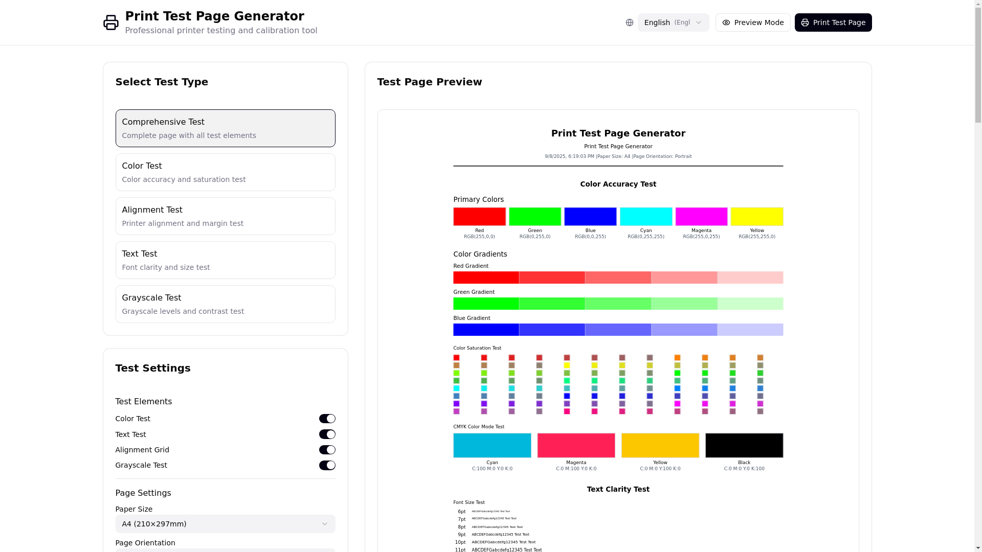 website screenshot of https://printtestpage.cc/