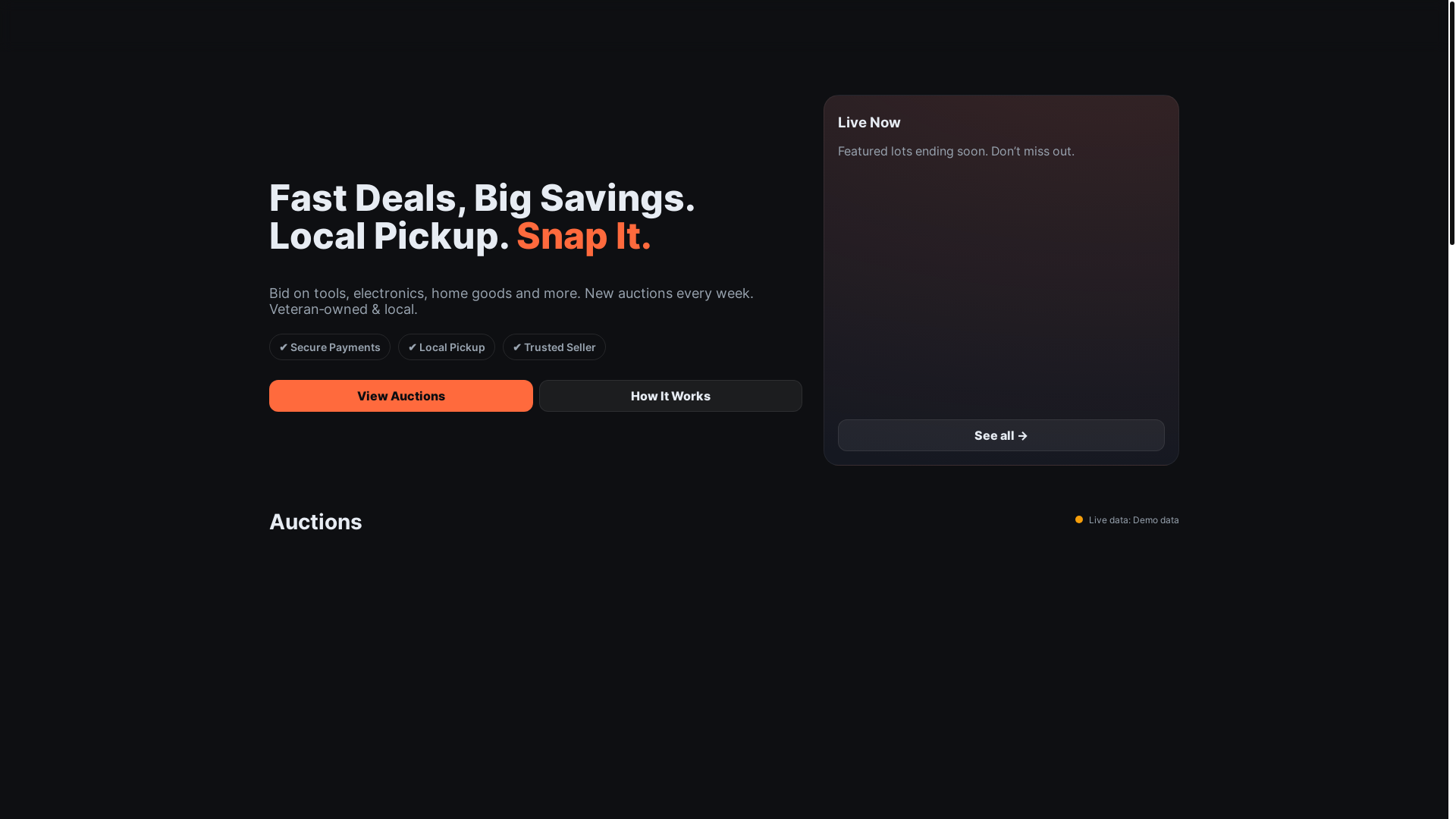 website screenshot of https://snapbidauctions.com/
