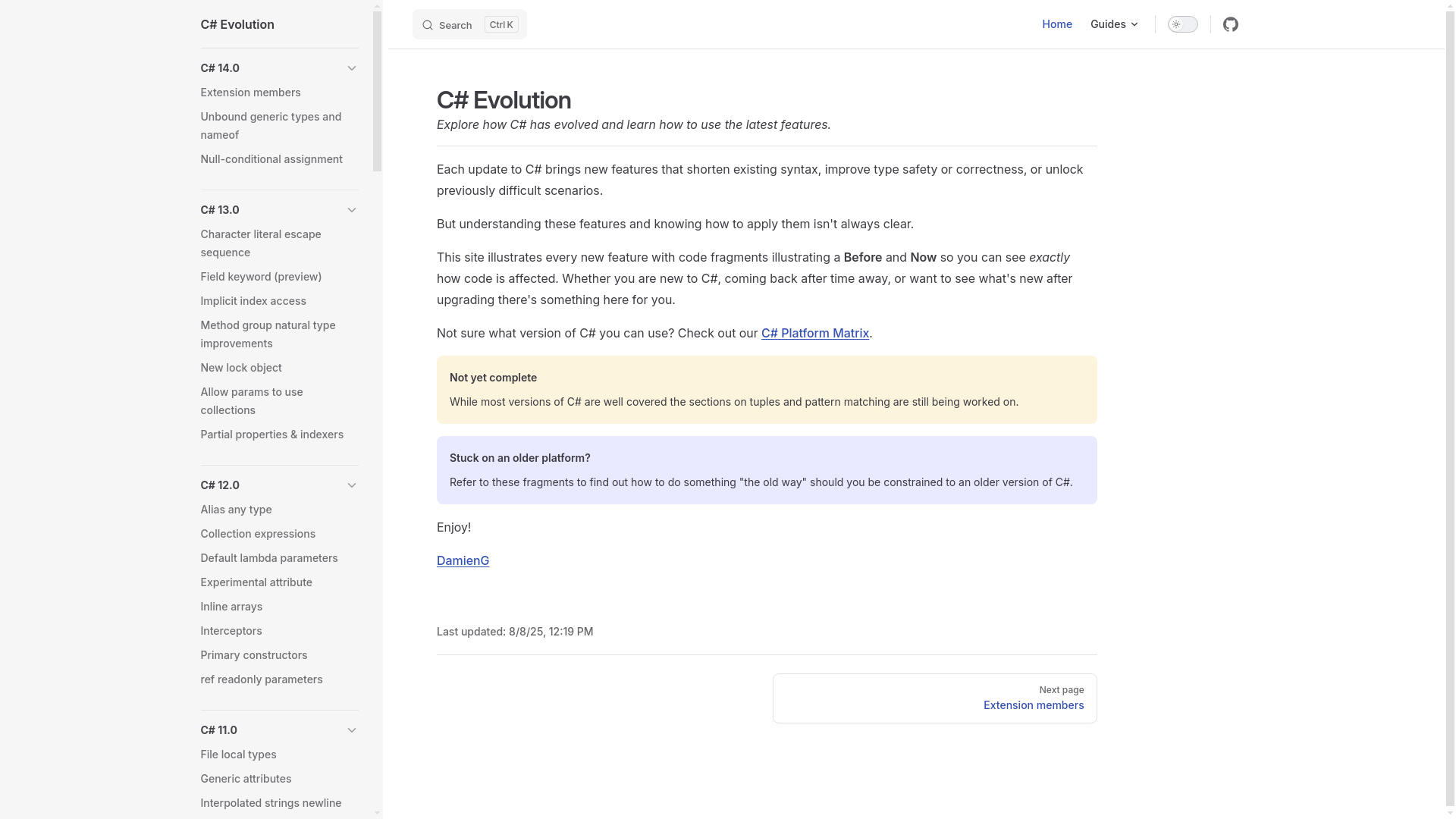 website screenshot of https://csharp-evolution.pages.dev/