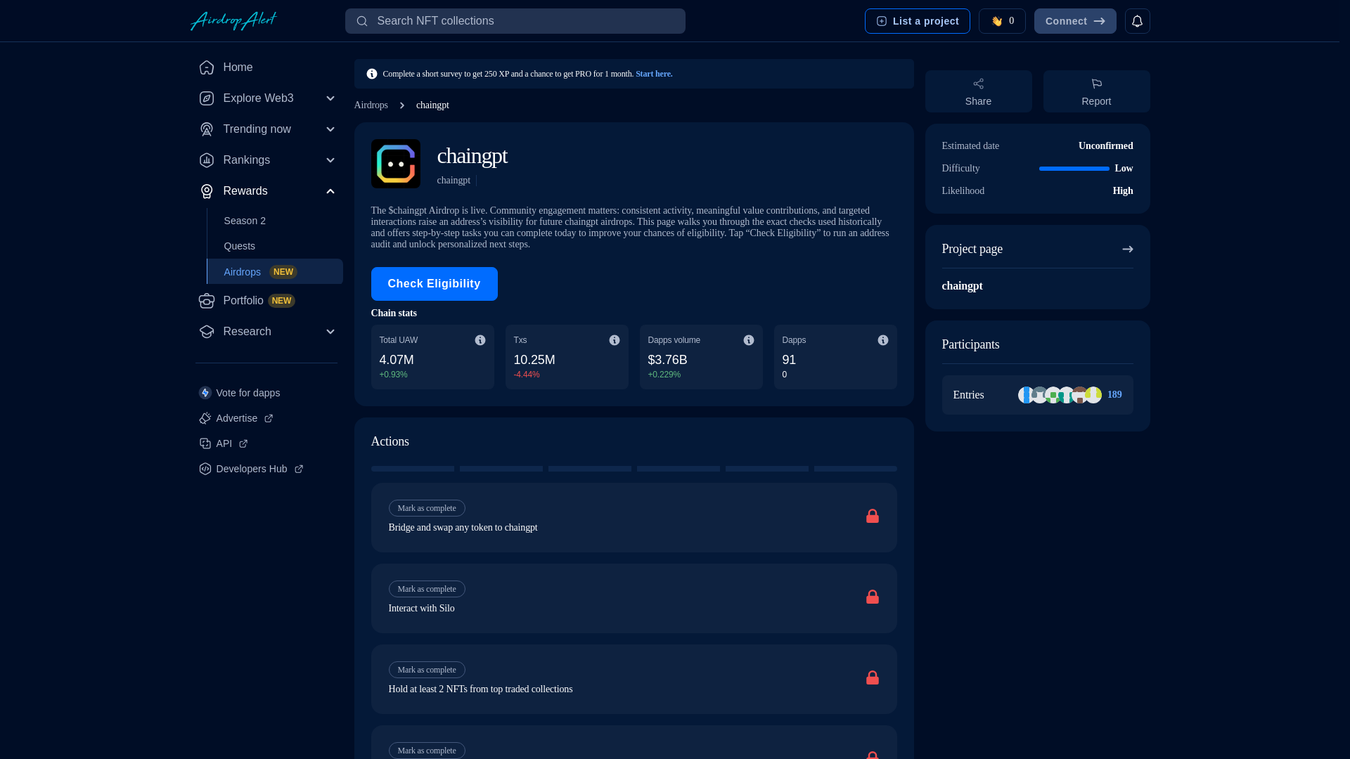 website screenshot of https://chaingpt.airdropalert.us/eligibility