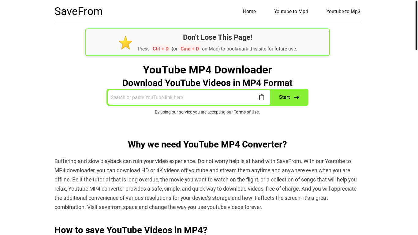 website screenshot of https://savefrom.space/yt-to-mp4