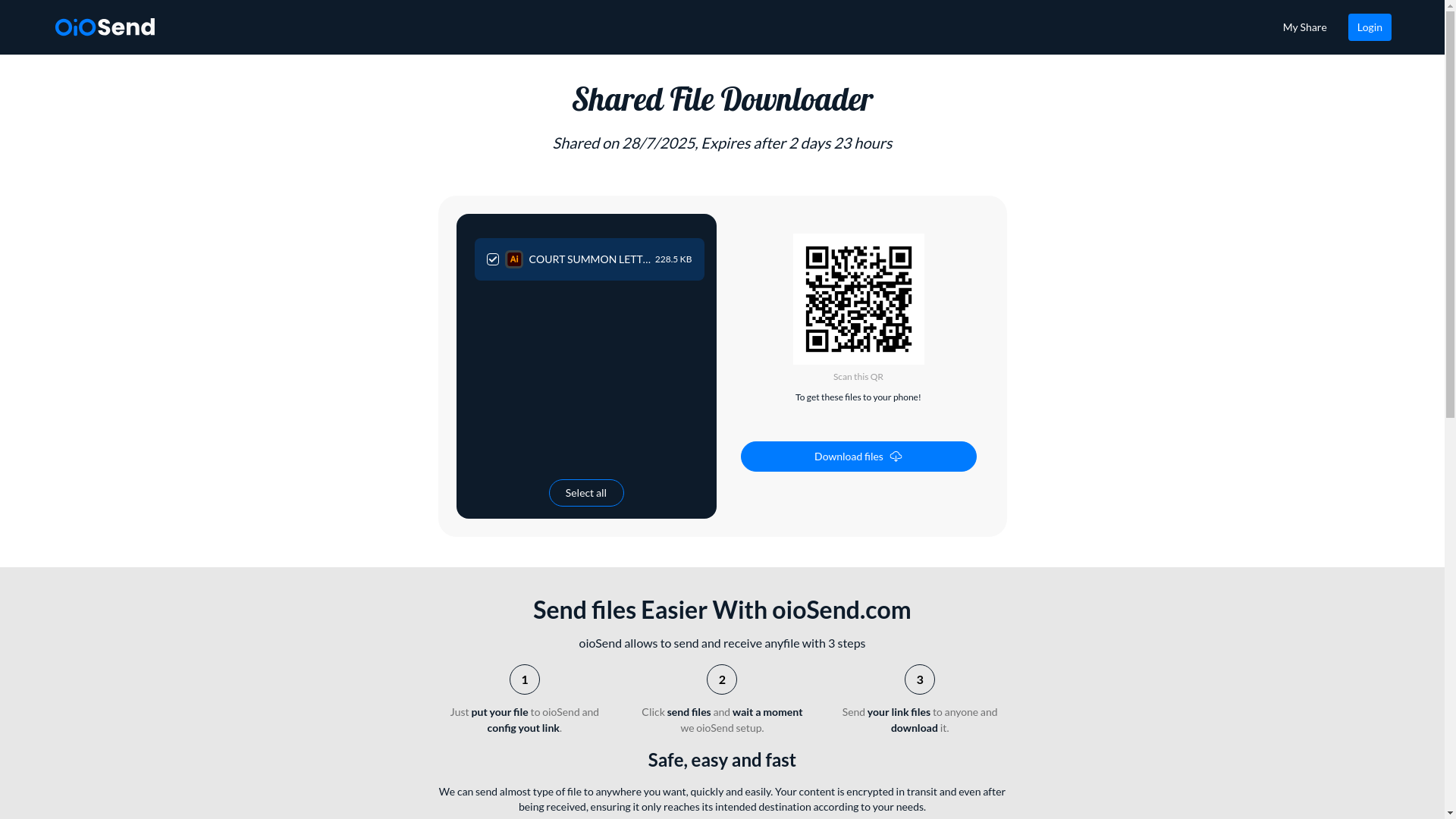 website screenshot of https://oiosend.com/download/688702597c77370027f3aace