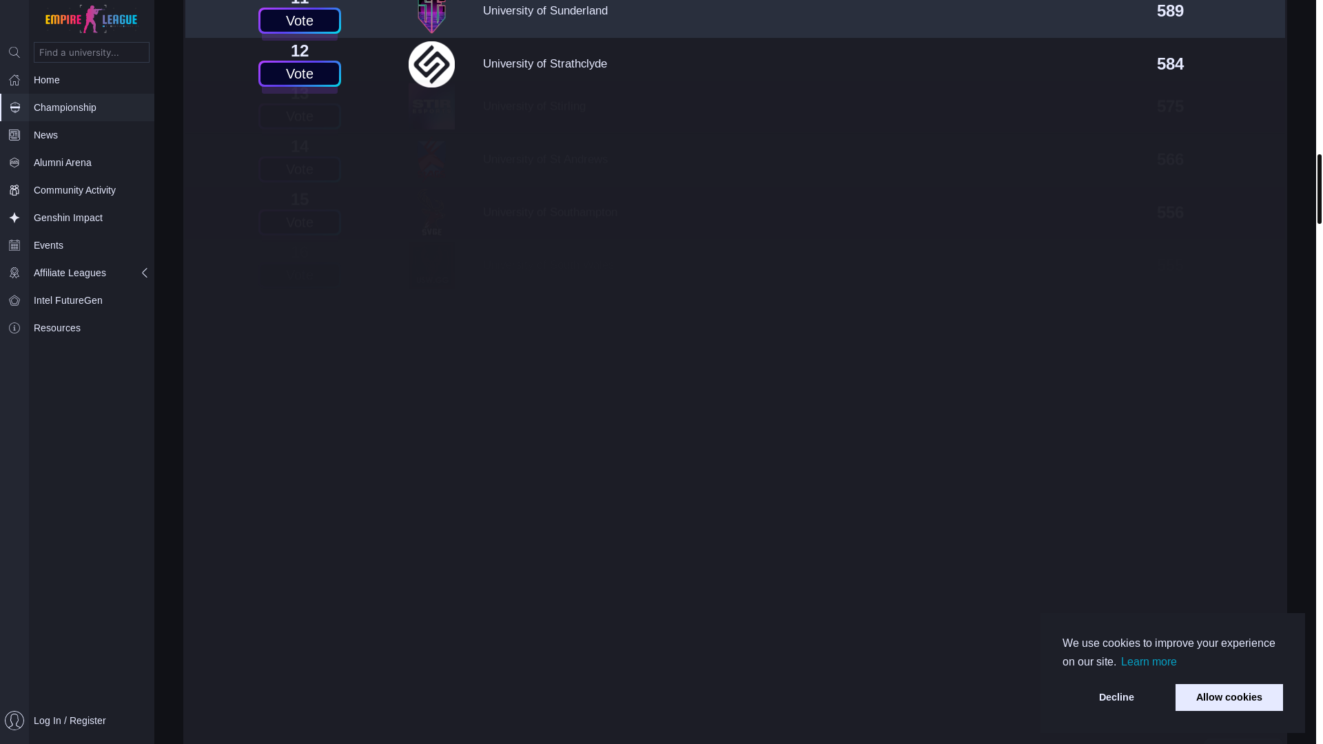 website screenshot of https://ns.vgfight.com/home/tournaments