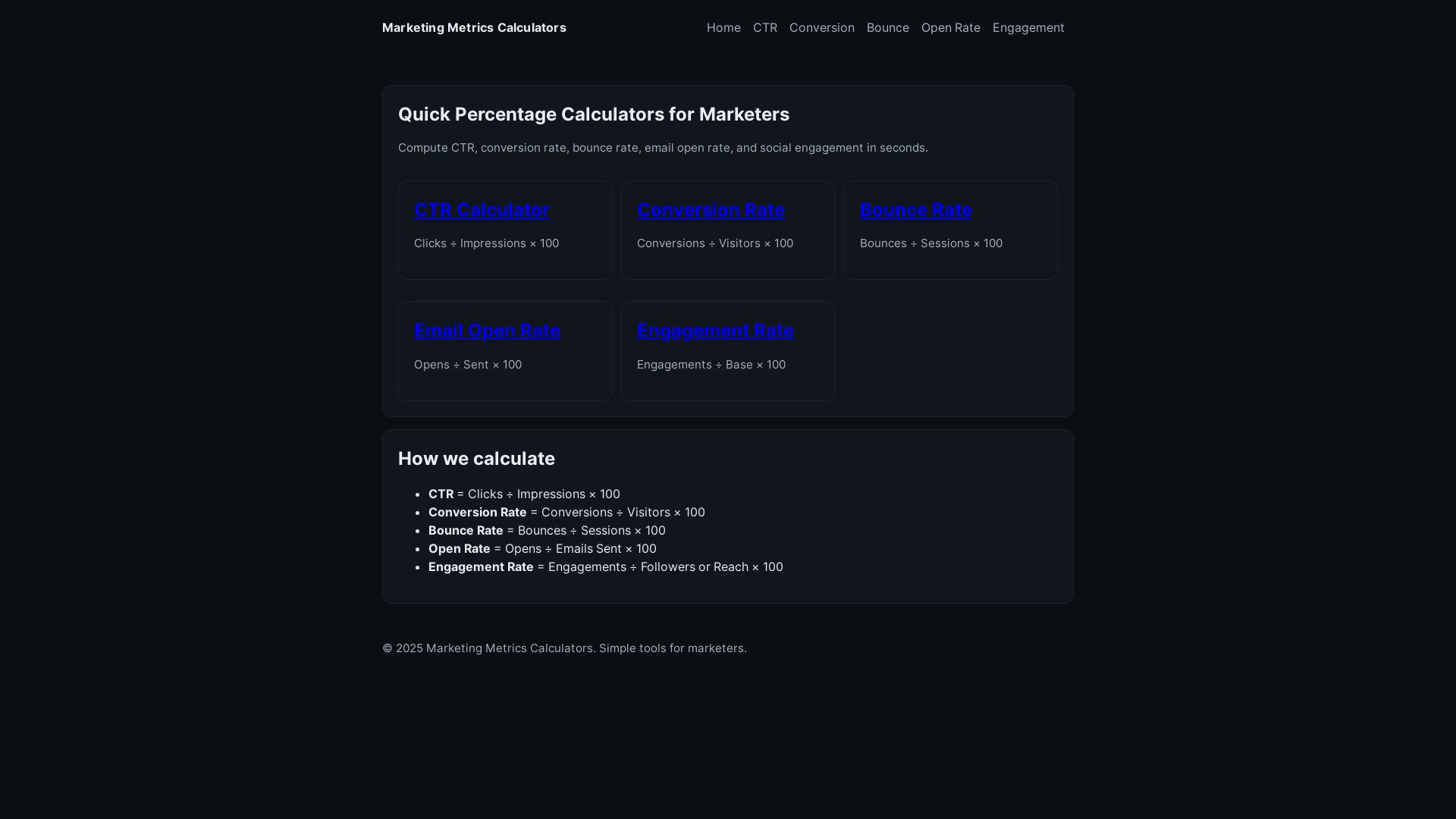 website screenshot of https://marketing-metrics-calculators.pages.dev/