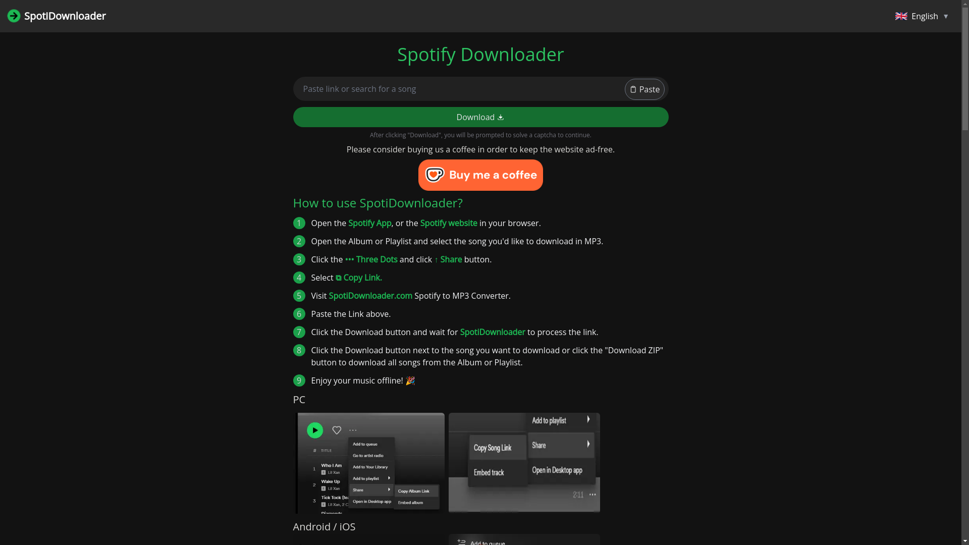 website screenshot of https://spotidownloader.com/